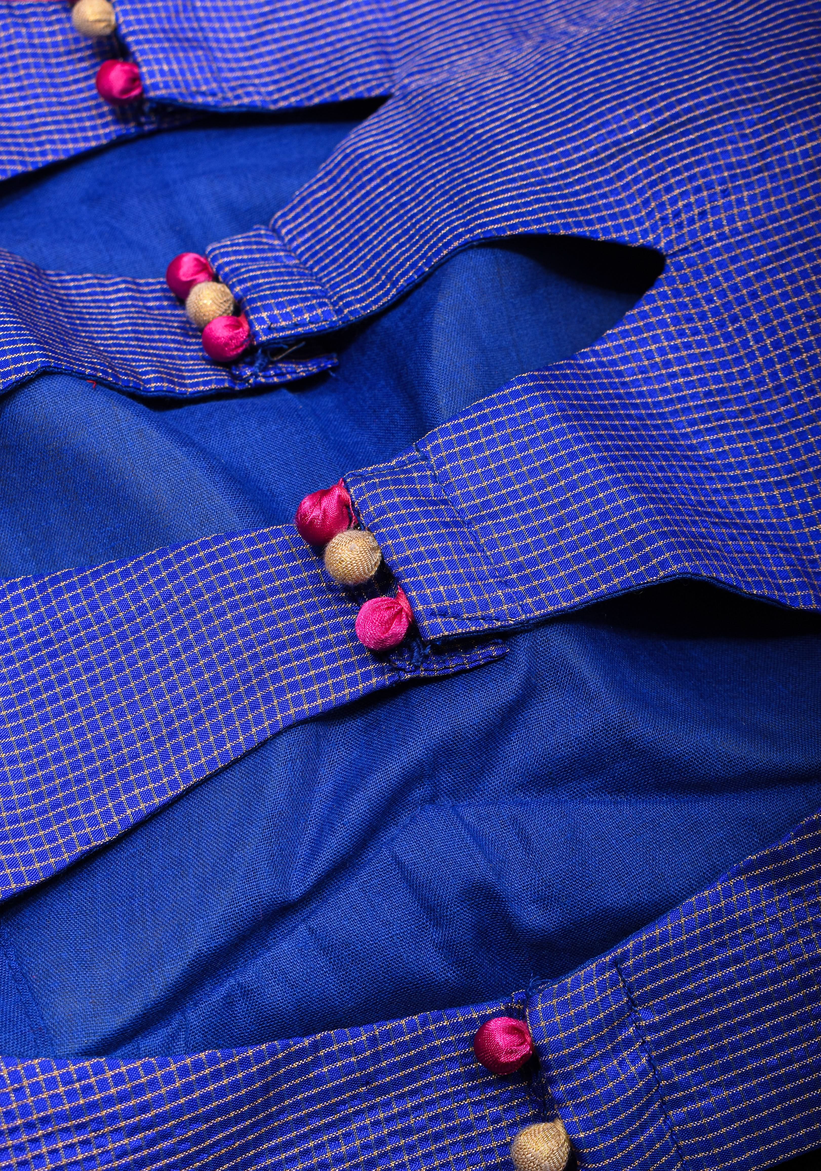 Blue Pure Kanjivaram Silk with Zari checks Blouse with crew neck and stylish  back cutout design,  Made to Order | Shobitam