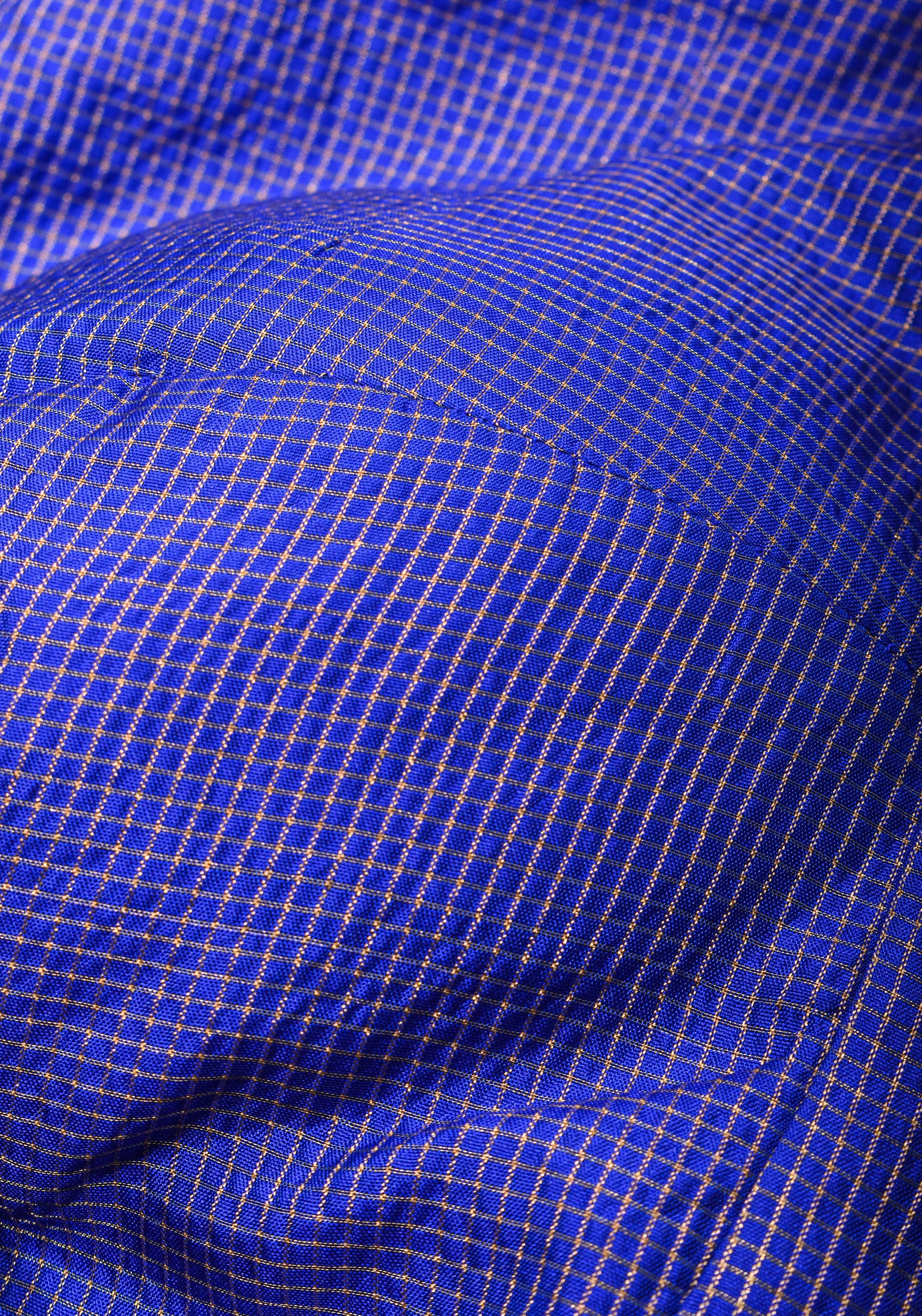 Blue Pure Kanjivaram Silk with Zari checks Blouse with crew neck and stylish  back cutout design,  Made to Order | Shobitam