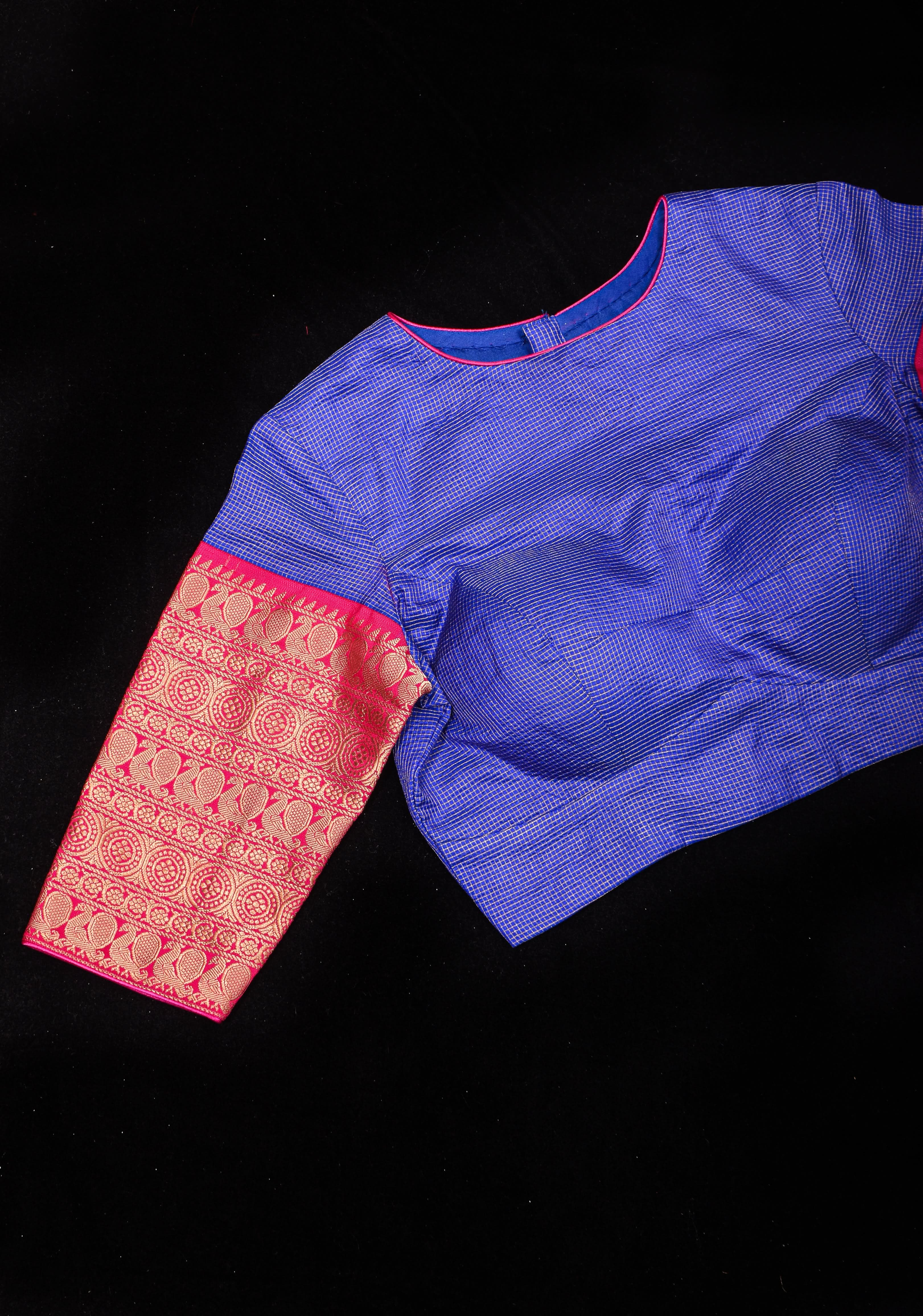 Blue Pure Kanjivaram Silk with Zari checks Blouse with crew neck and stylish  back cutout design,  Made to Order | Shobitam