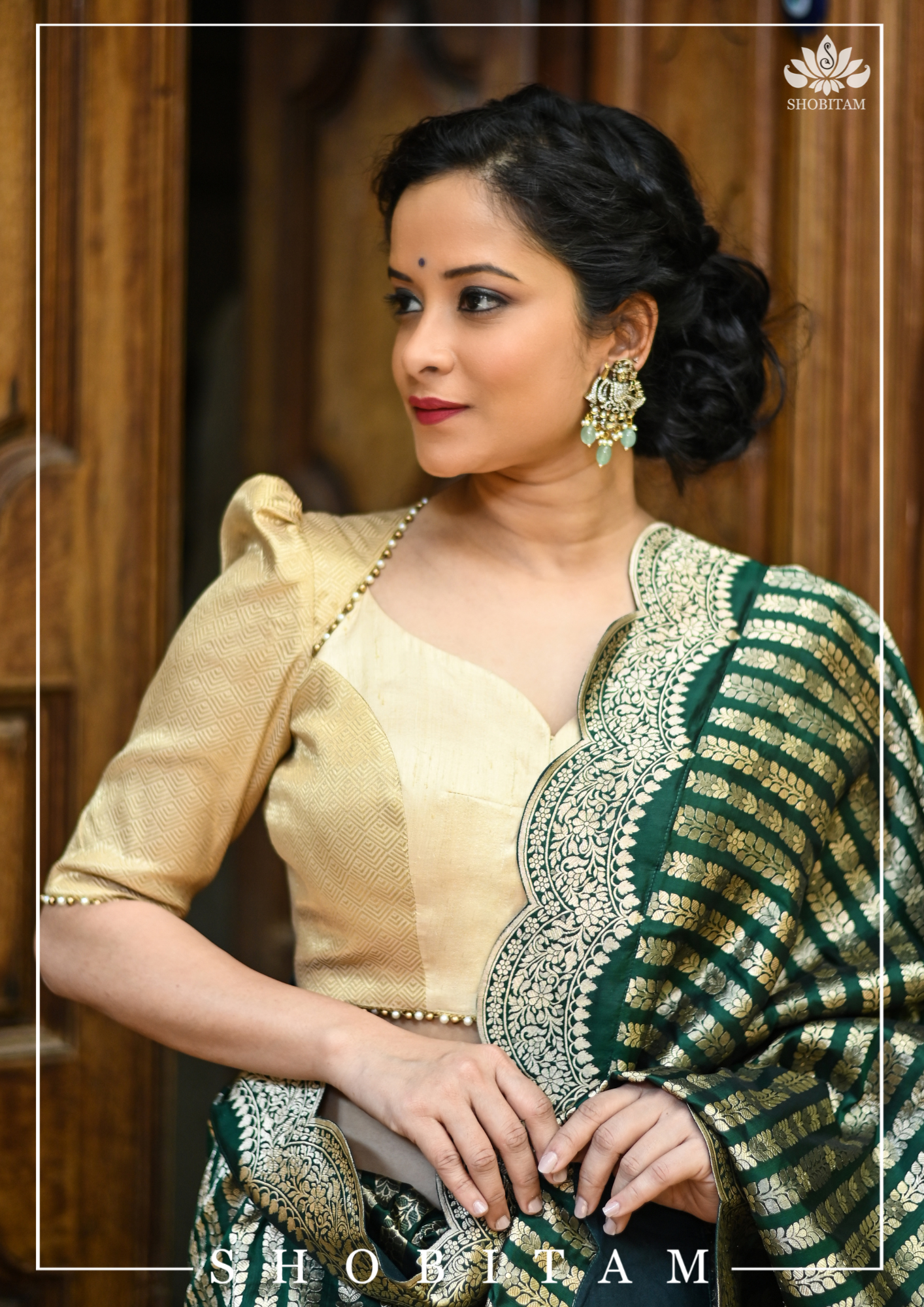 Gold Tone Blouse with sweetheart neck and detailing | Shobitam