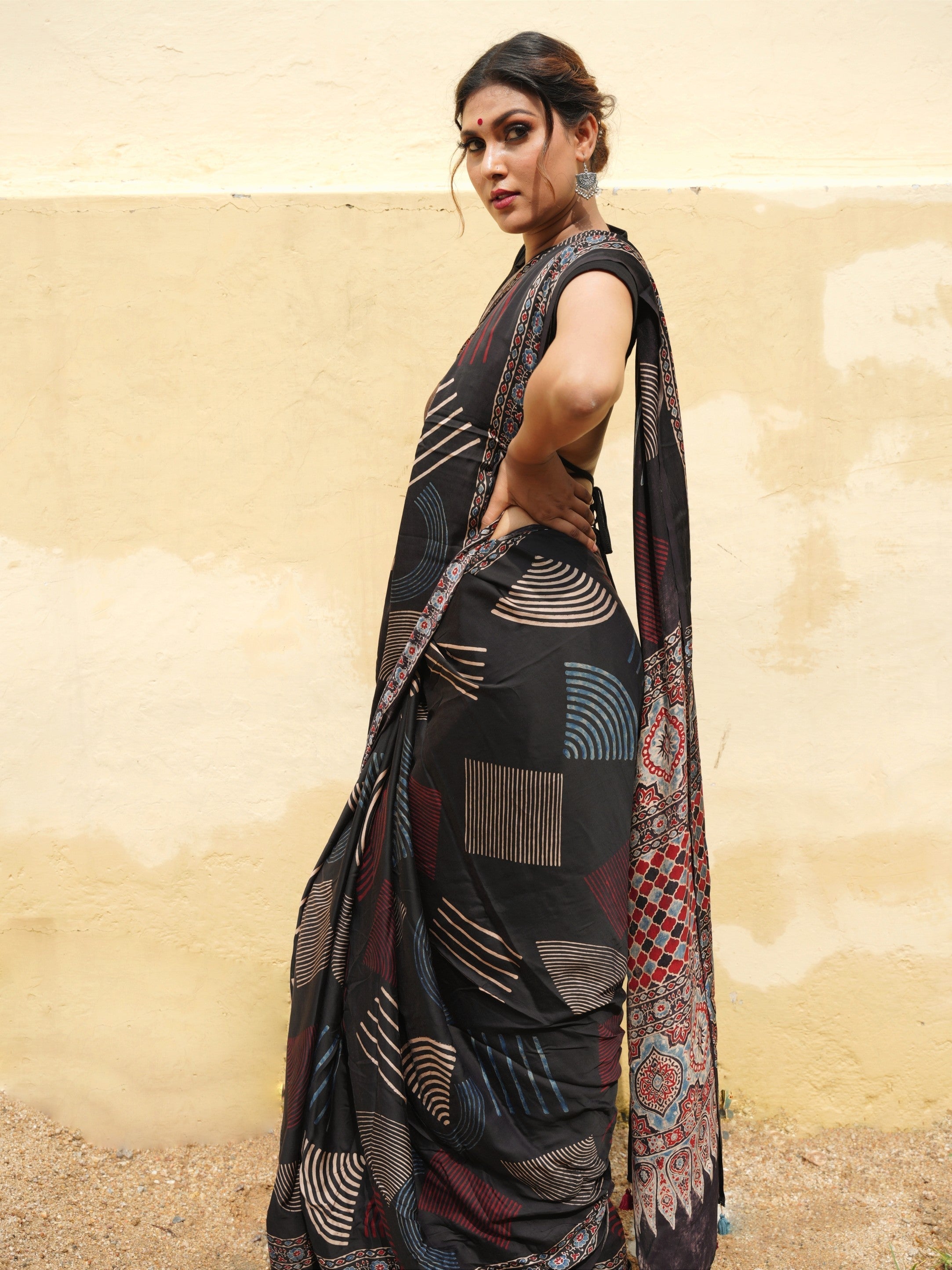Black Hand Block Print on Modal Silk Saree with Ajrakh Pallu | Shobitam