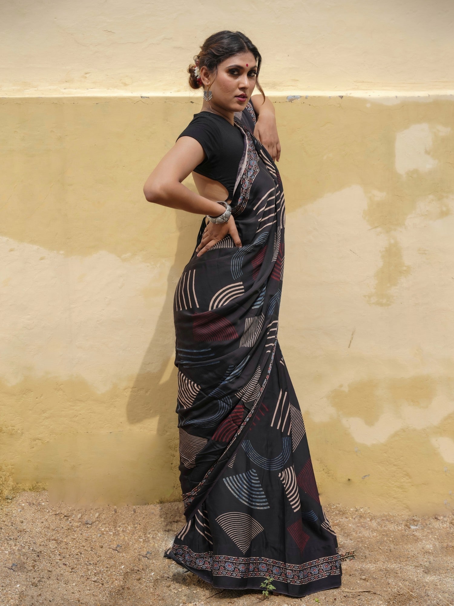Black Hand Block Print on Modal Silk Saree with Ajrakh Pallu | Shobitam