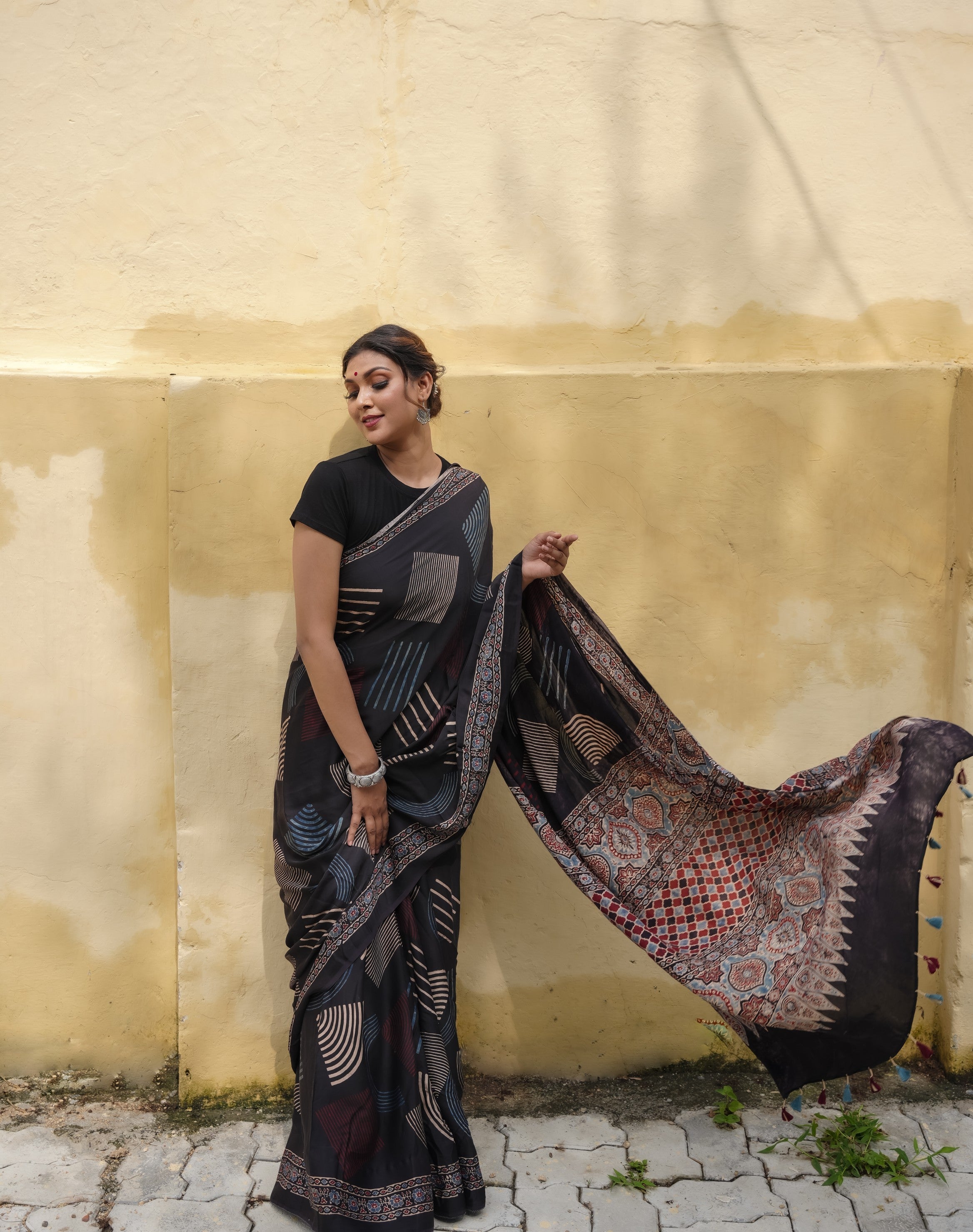 Black Hand Block Print on Modal Silk Saree with Ajrakh Pallu | Shobitam