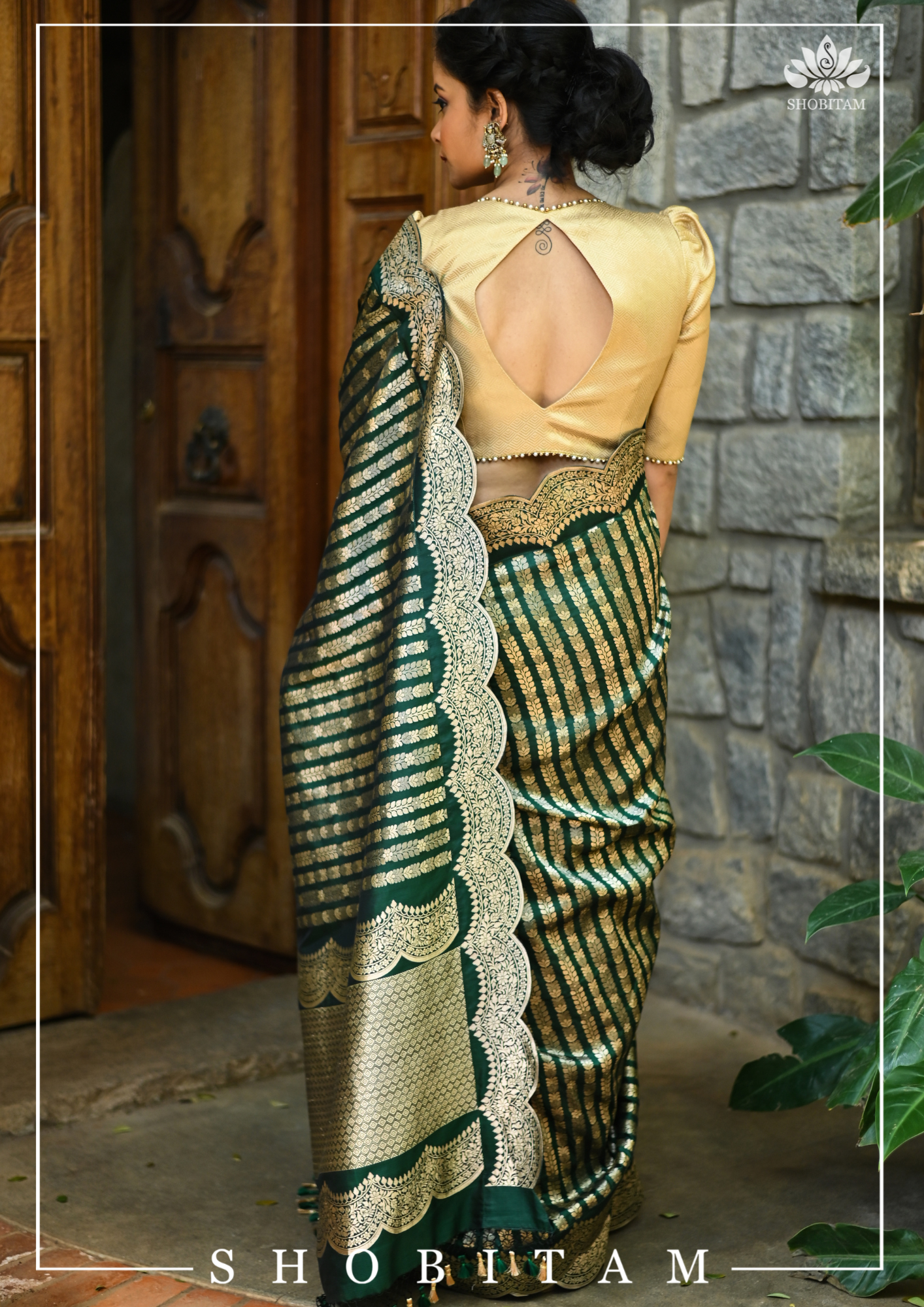 Gold Tone Blouse with sweetheart neck and detailing | Shobitam
