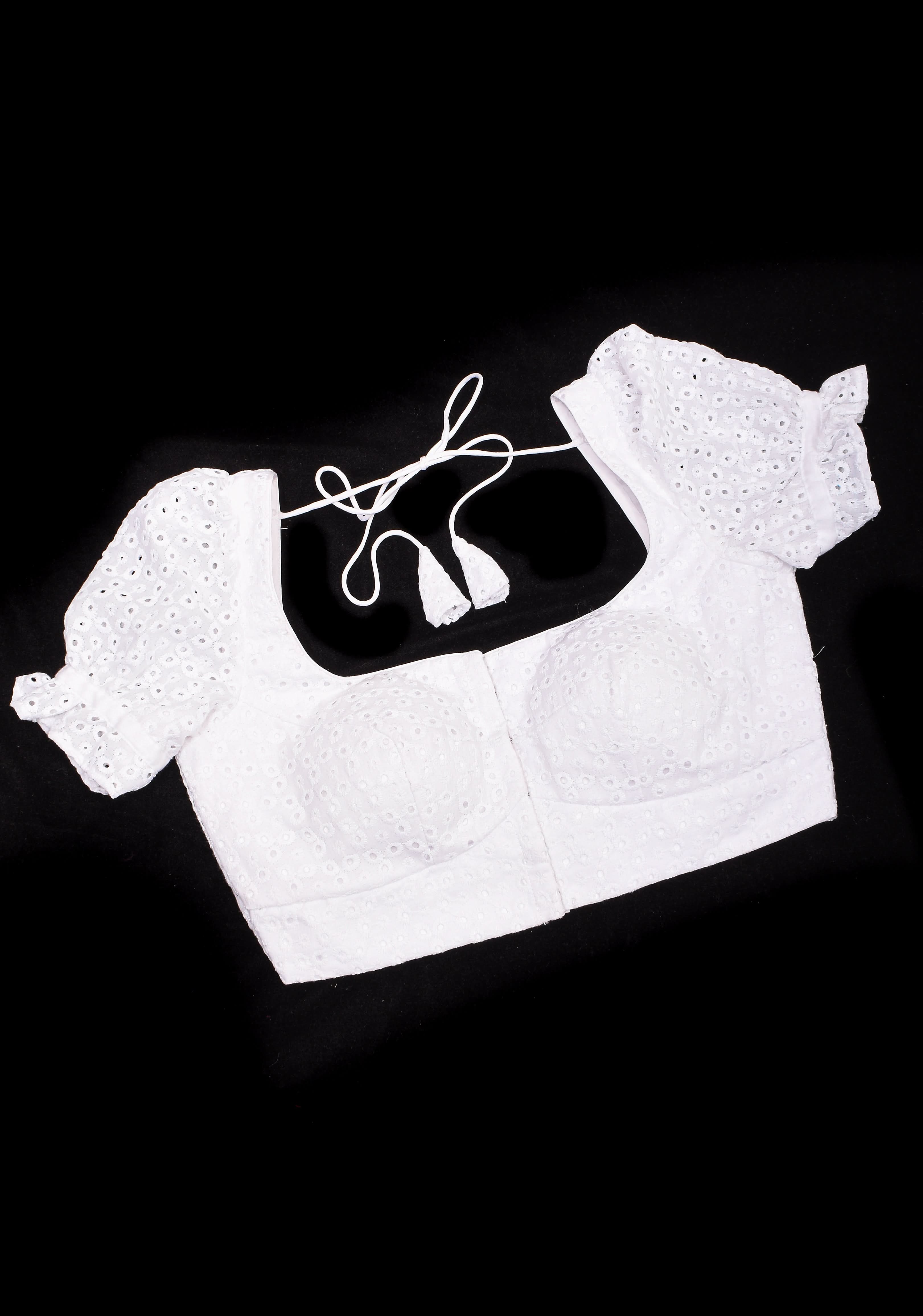 Ivory Hakoba Eyelet Cotton Blouse with Puff sleeves, Made to Order | Shobitam