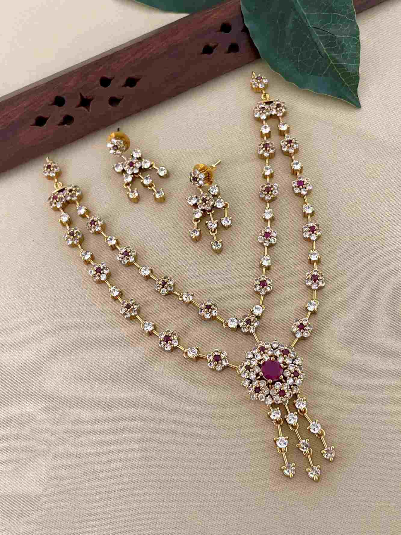 Pink & White Stone Layered Necklace with Earring Set