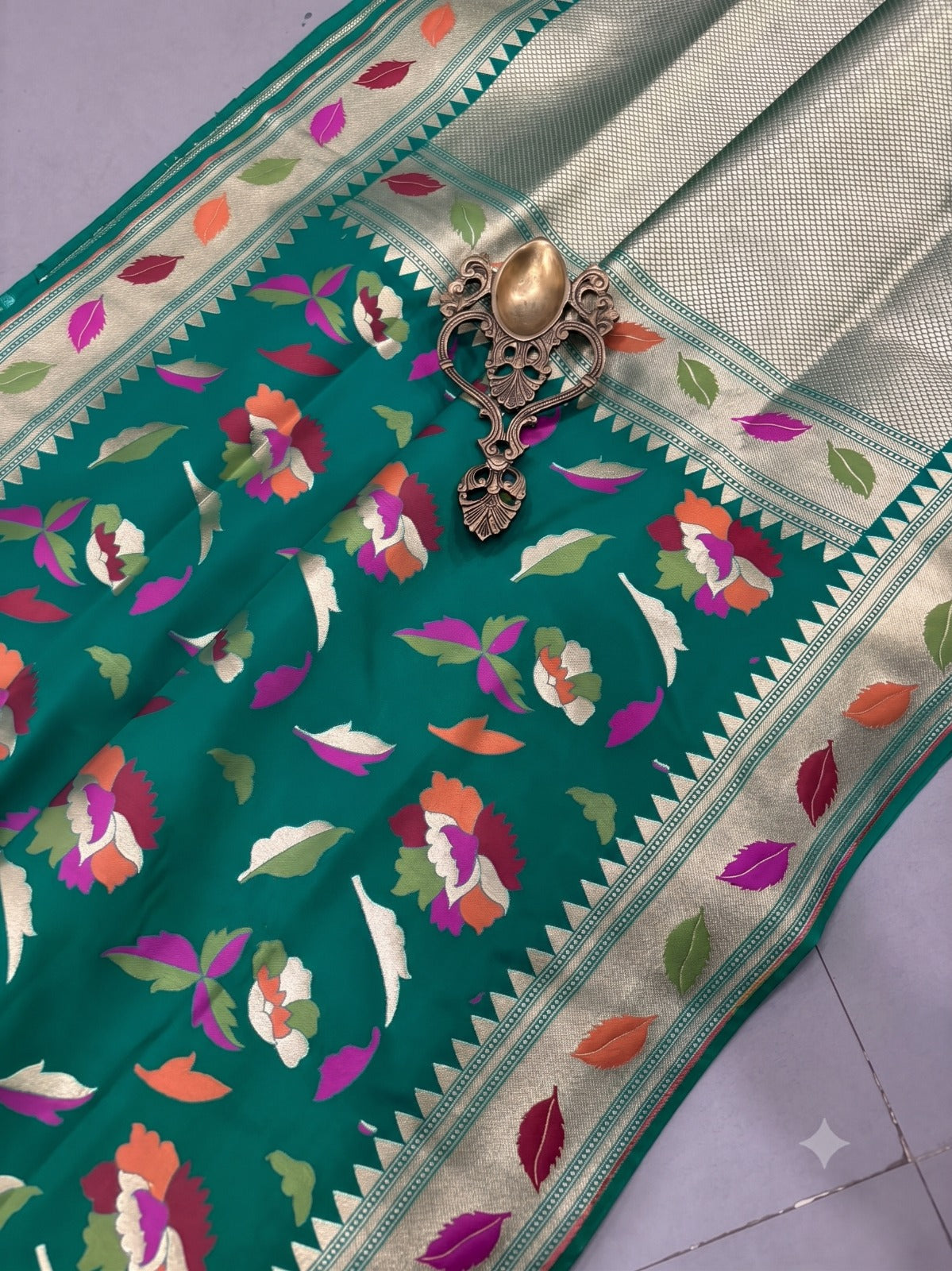 Rama Green Semi Silk Saree with Meenakari Floral Design and Zari Borders | SHOBITAM