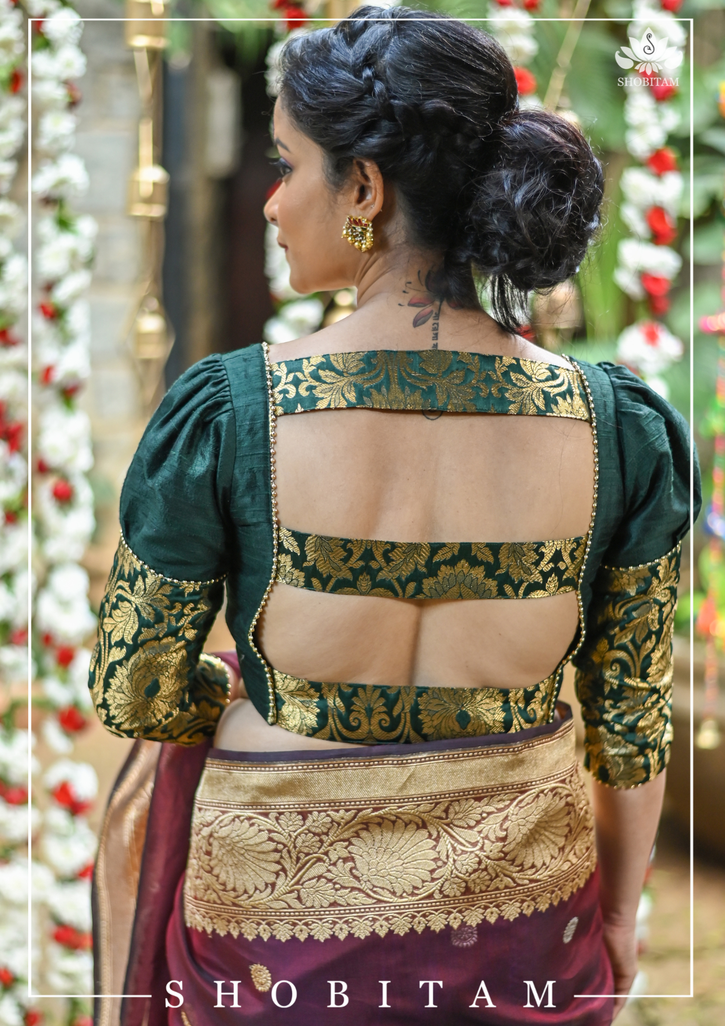 Sacramento Green Puff Sleeve Blouse with Banarasi Brocade Detailing | Shobitam