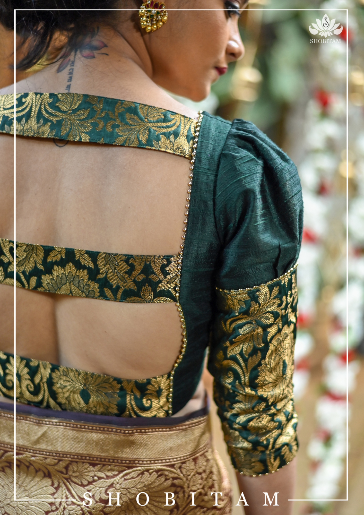 Sacramento Green Puff Sleeve Blouse with Banarasi Brocade Detailing | Shobitam