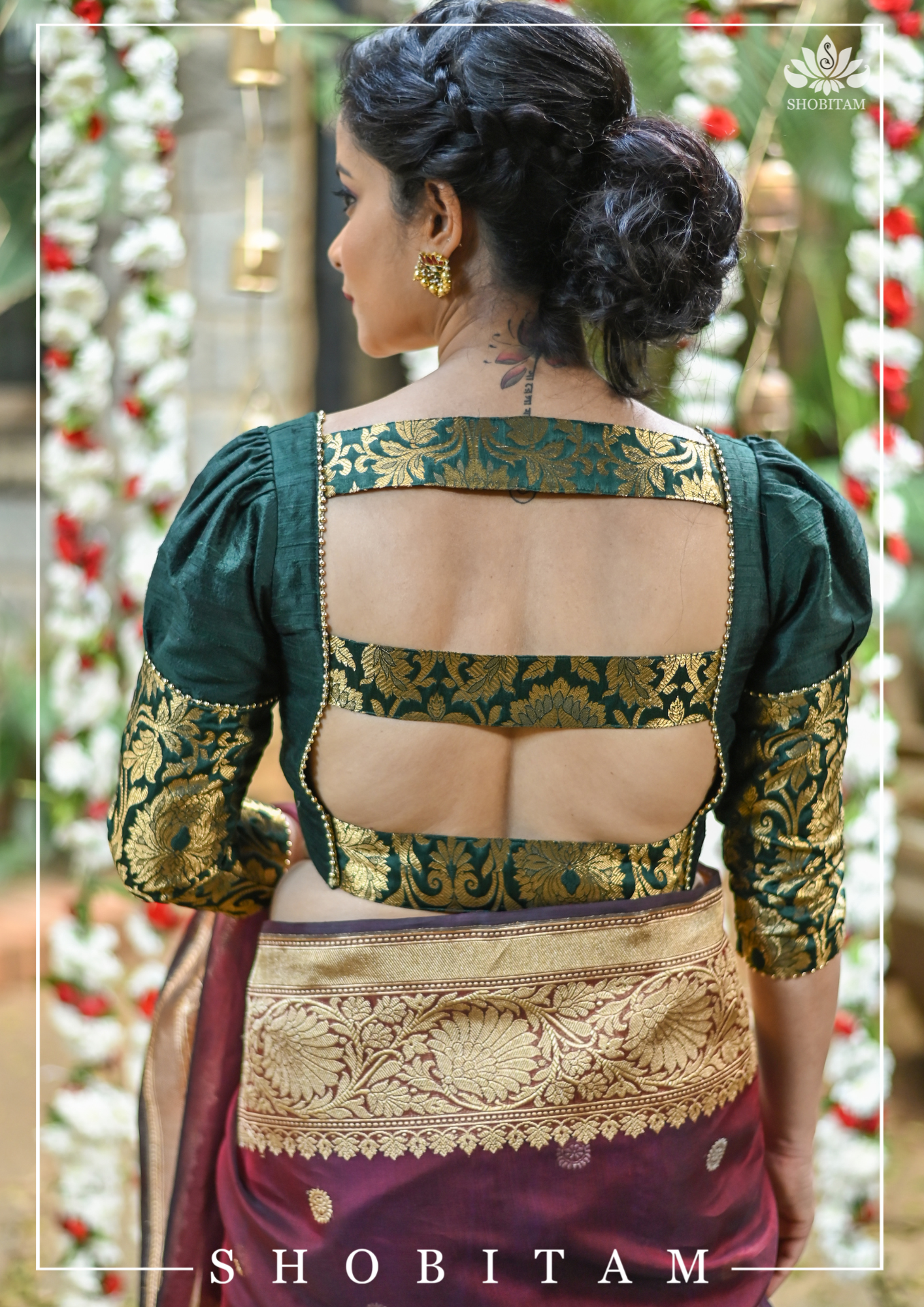Sacramento Green Puff Sleeve Blouse with Banarasi Brocade Detailing | Shobitam