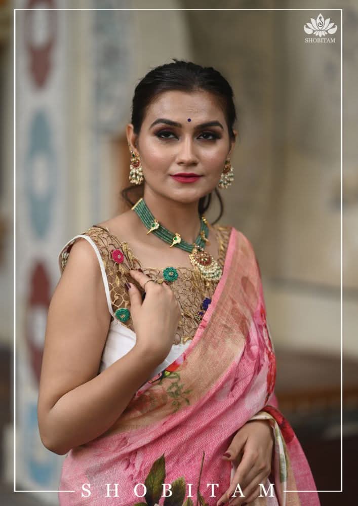 Pink Pure Linen Saree with Floral Digital Print | Shobitam