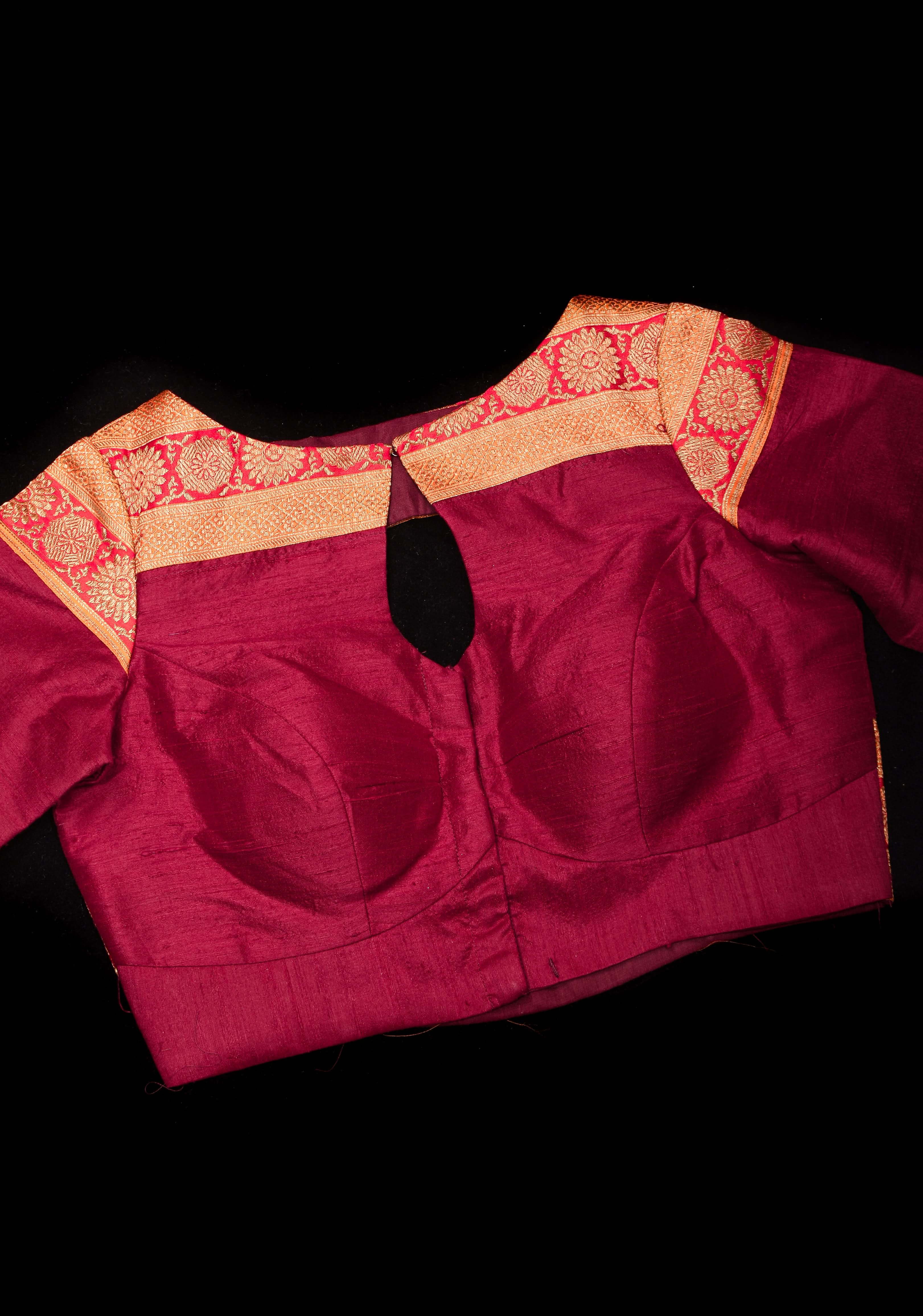Maroon Pure Raw Silk Blouse With Antique Tone Zari Panel, Customizable, Made to Order | Shobitam