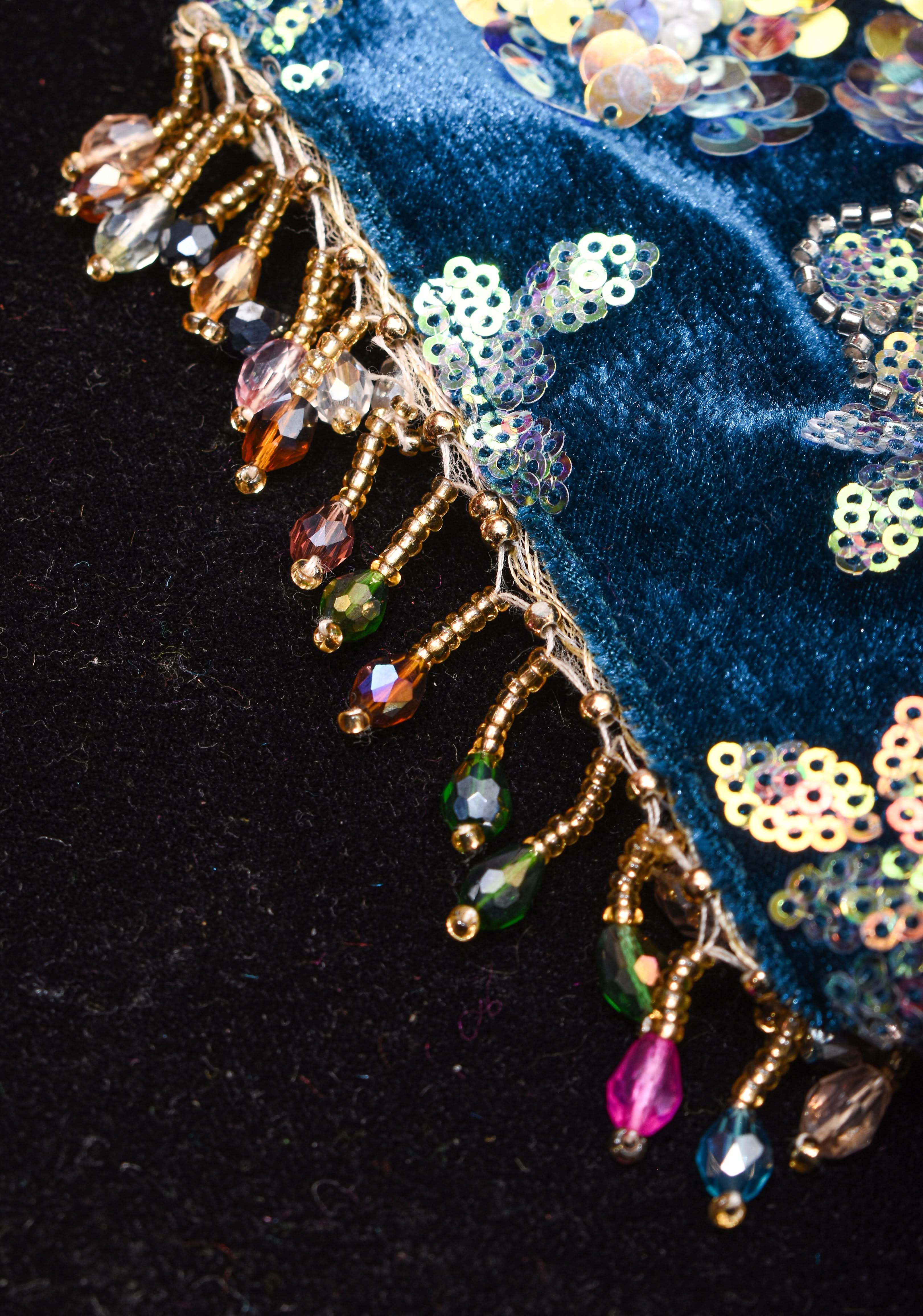 Teal Velvet 3D sequin arch back tie blouse with multicolor danglers,  Made to Order | Shobitam