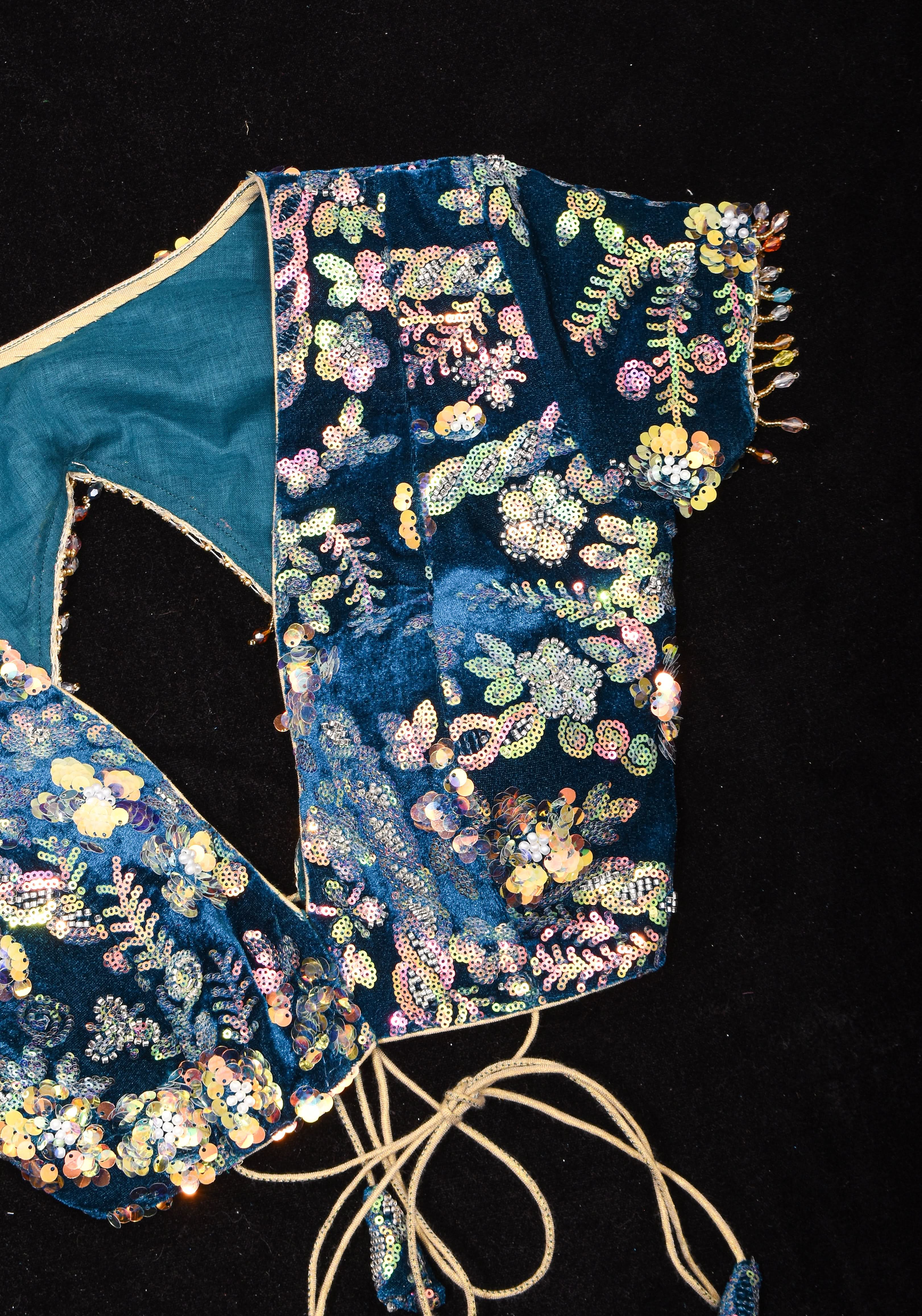 Teal Velvet 3D sequin arch back tie blouse with multicolor danglers,  Made to Order | Shobitam