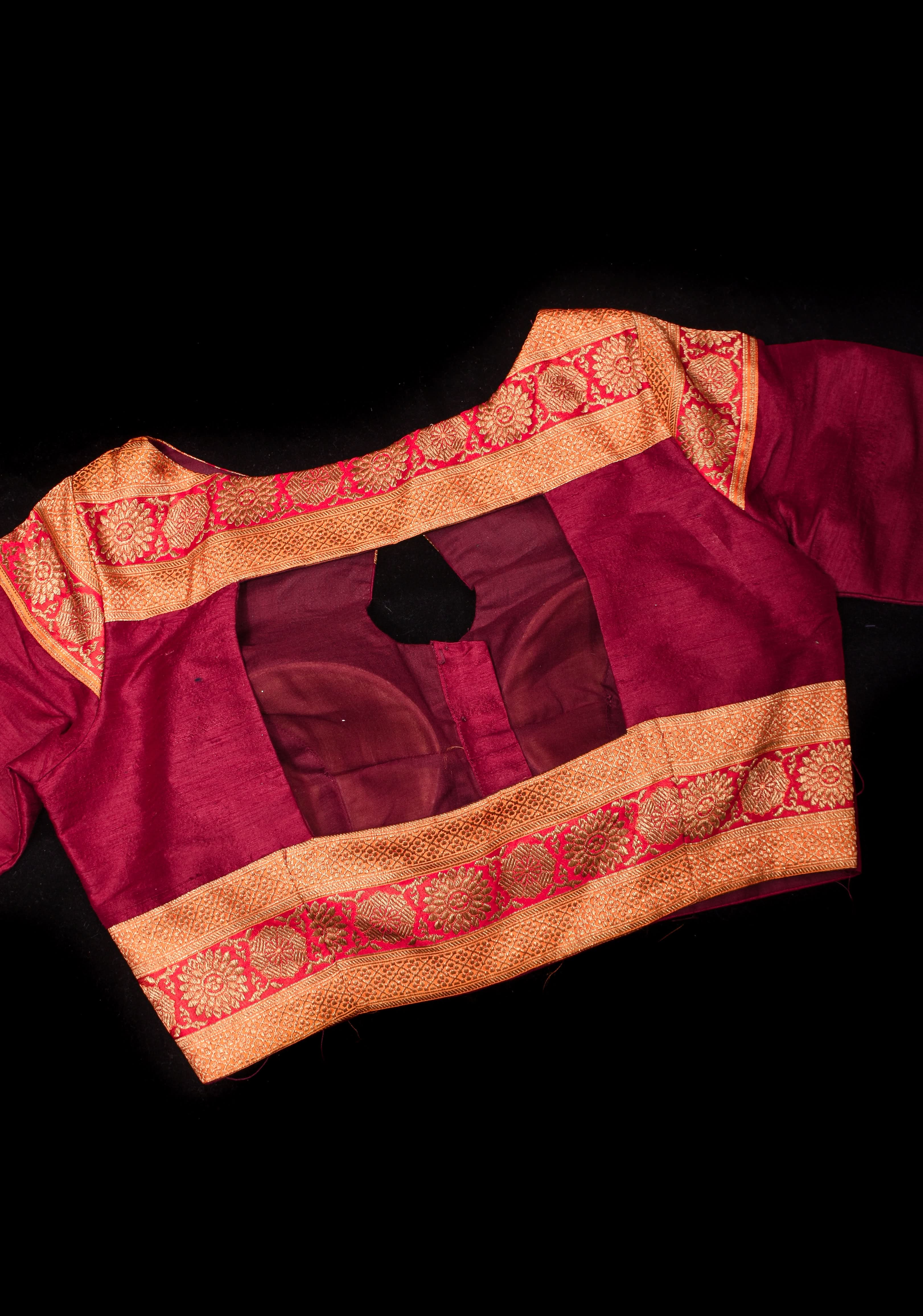 Maroon Pure Raw Silk Blouse With Antique Tone Zari Panel, Customizable, Made to Order | Shobitam