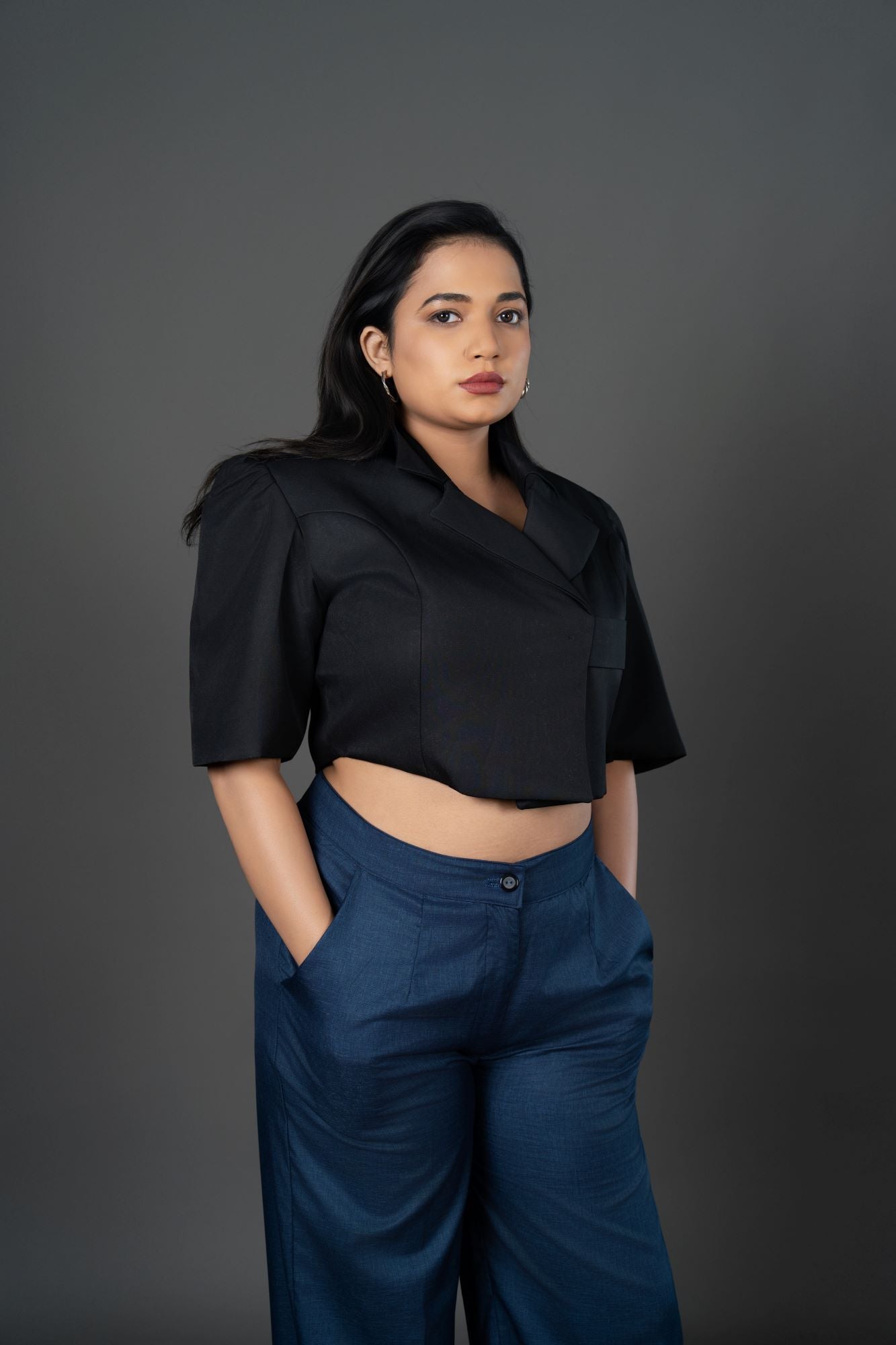 Tailored High-Waist  with Clean Silhouette Navy Straight Pants