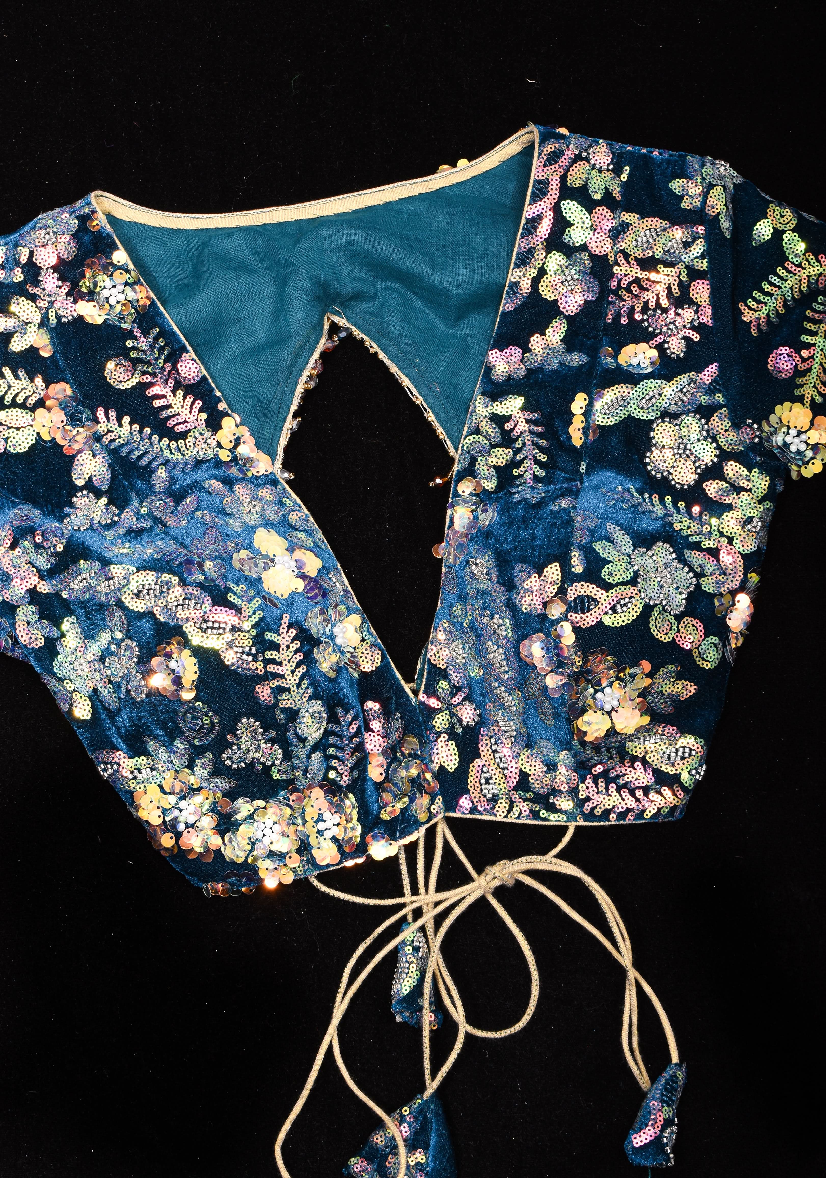 Teal Velvet 3D sequin arch back tie blouse with multicolor danglers,  Made to Order | Shobitam