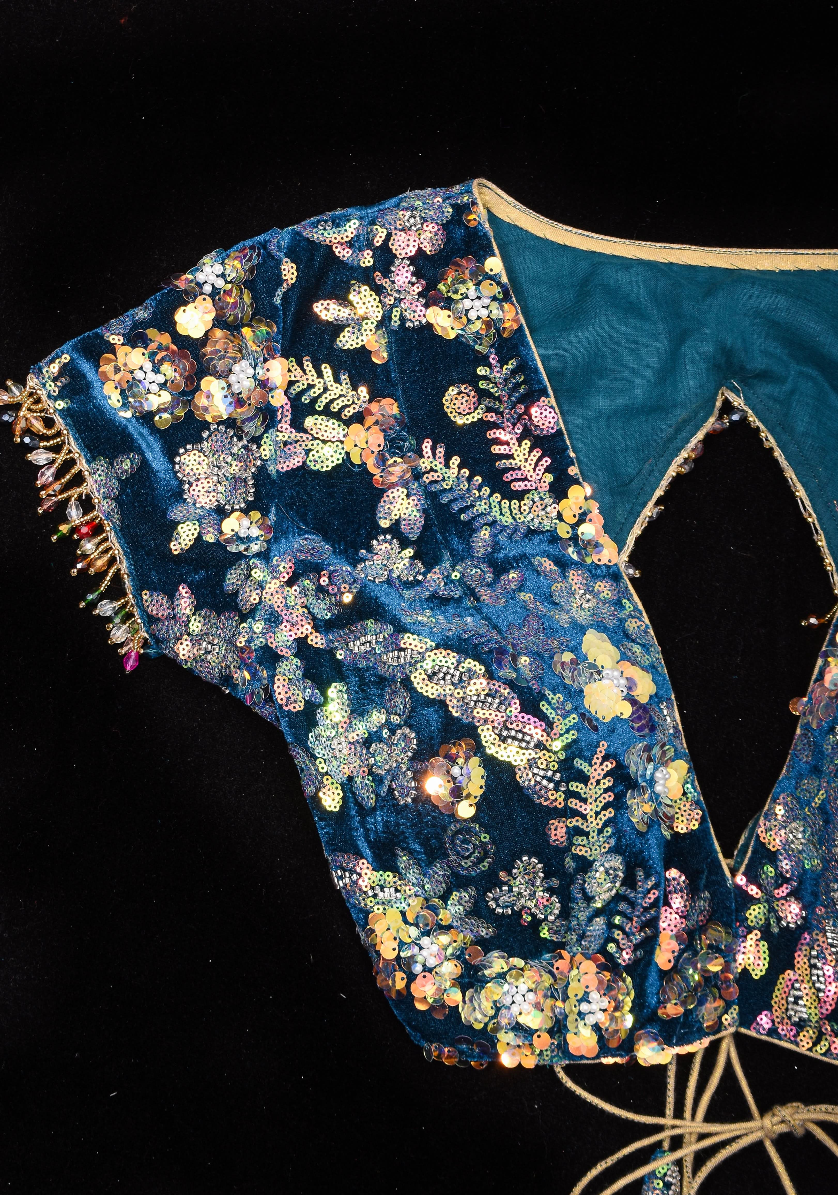 Teal Velvet 3D sequin arch back tie blouse with multicolor danglers,  Made to Order | Shobitam
