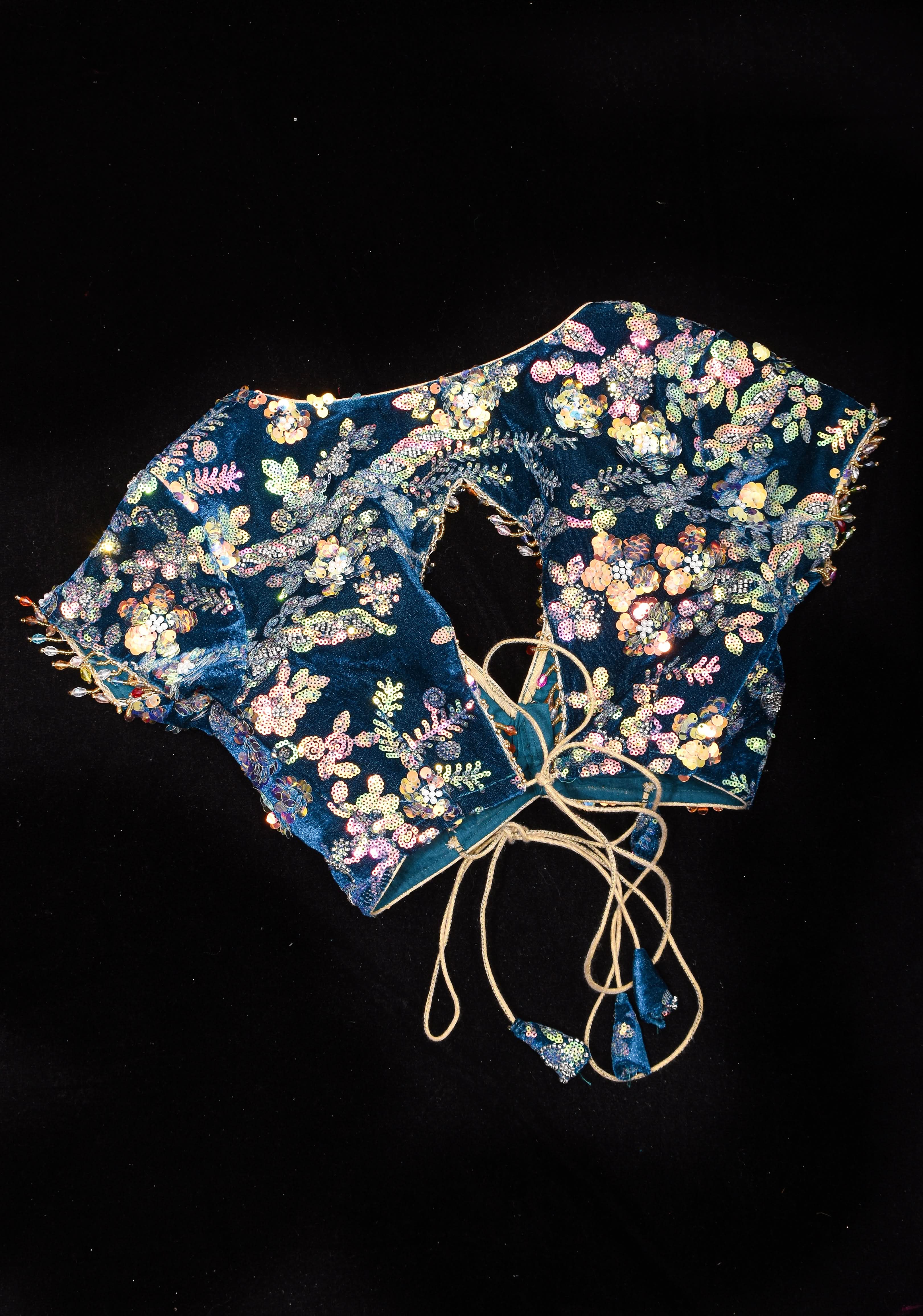 Teal Velvet 3D sequin arch back tie blouse with multicolor danglers,  Made to Order | Shobitam