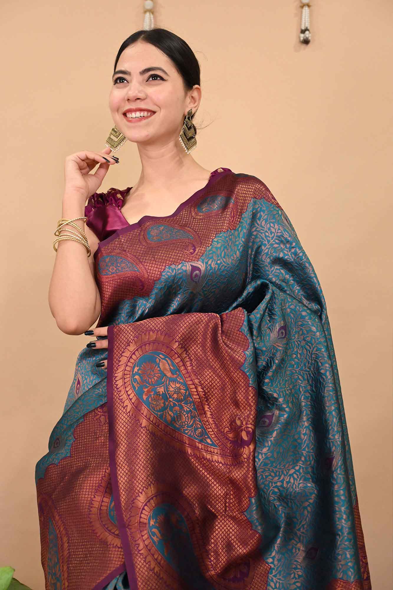 Kanchipuram Pattu meets Banarasi Brocade Teal Blue With Copper Zari Bordered Paisley Woven With Ornate Pallu Pre Drape Saree