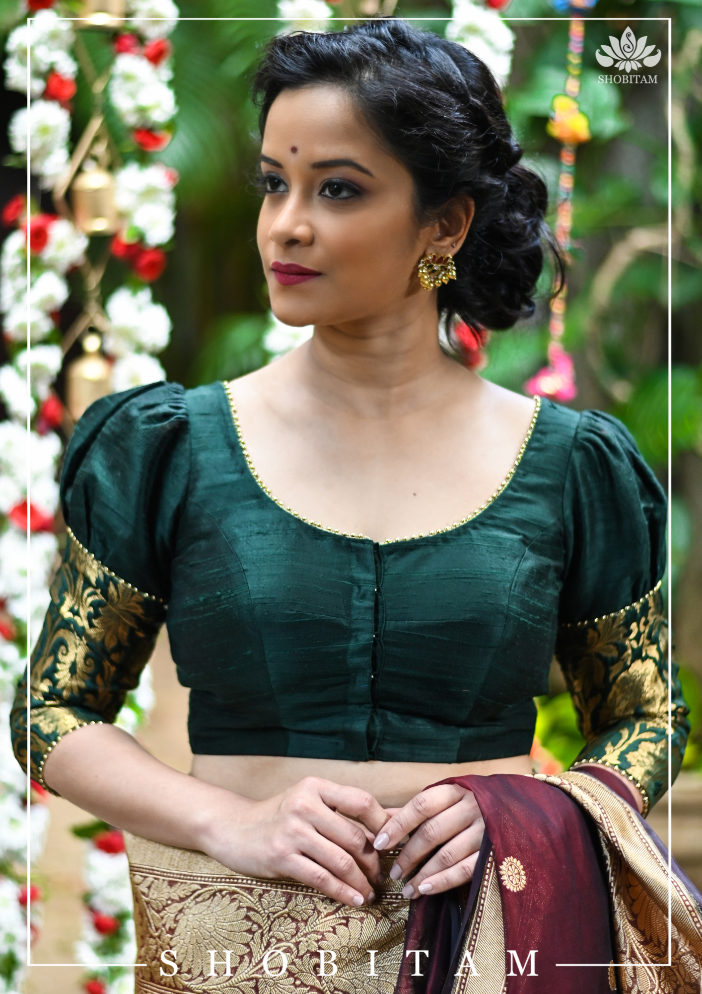 Sacramento Green Puff Sleeve Blouse with Banarasi Brocade Detailing | Shobitam