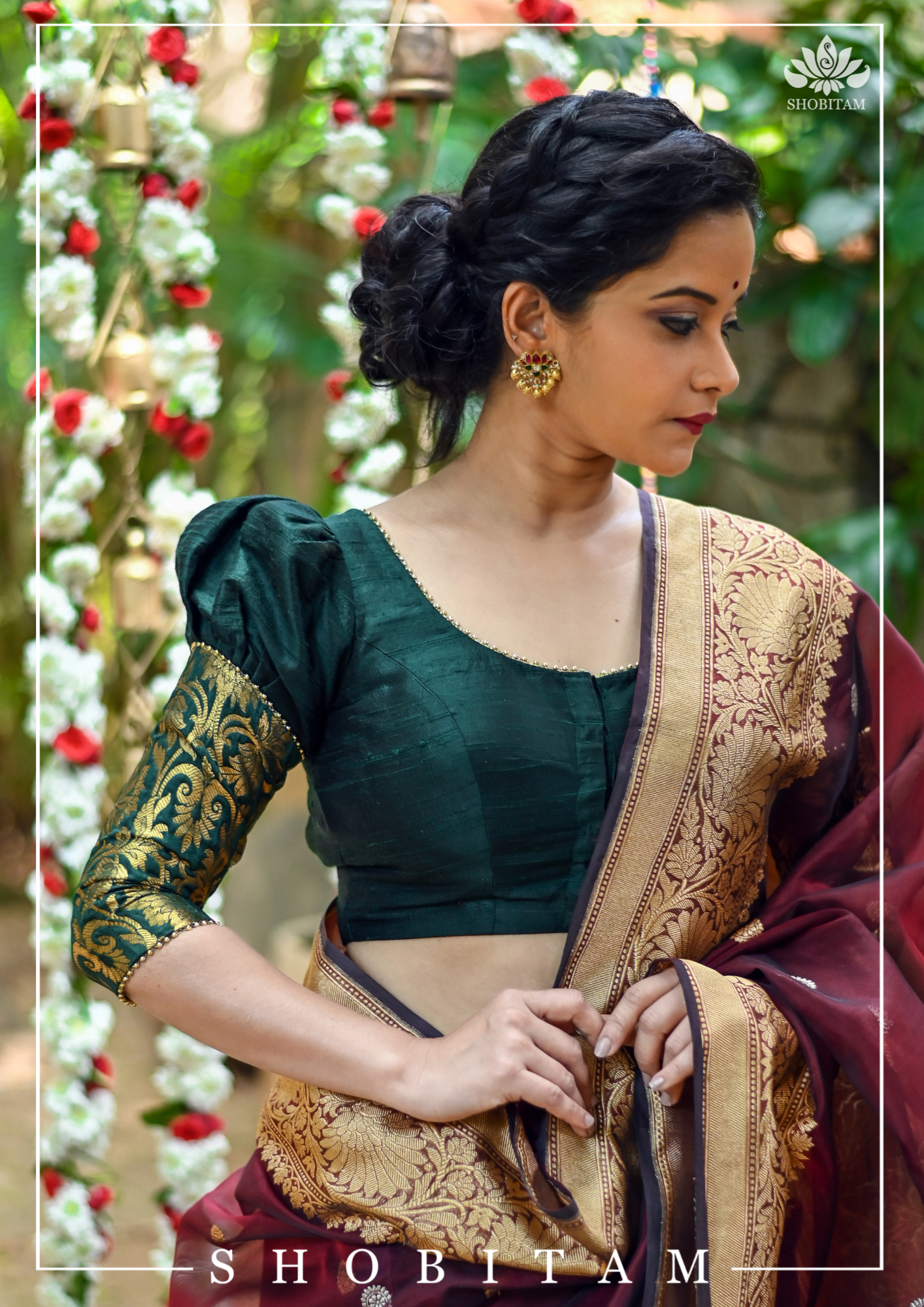 Sacramento Green Puff Sleeve Blouse with Banarasi Brocade Detailing | Shobitam