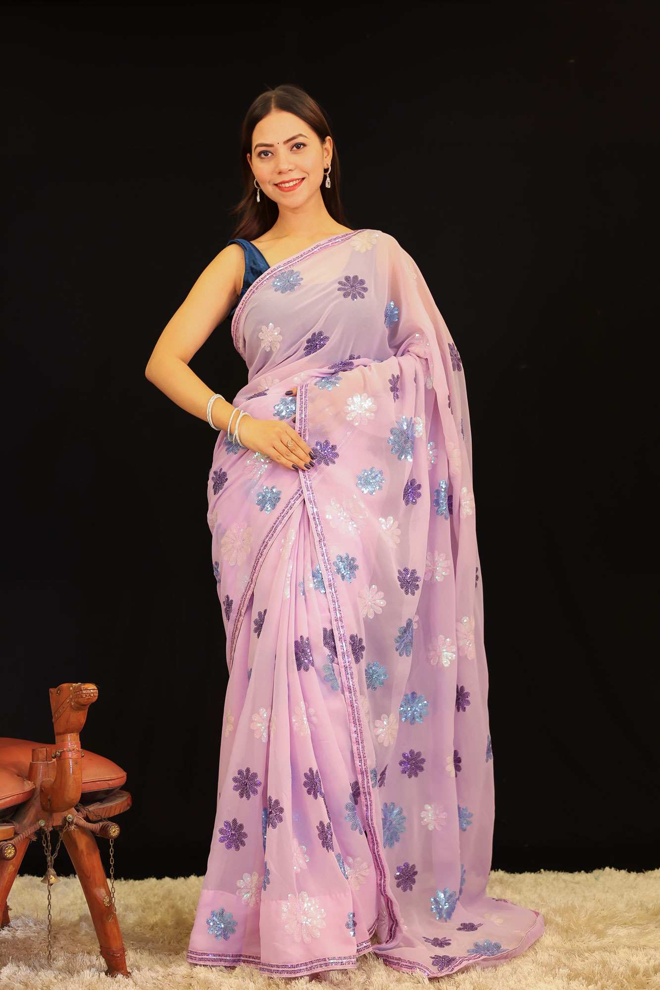 Lavender Toned Georgette With Sequin Interwoven Motif &  Lace border 1 Minute Saree