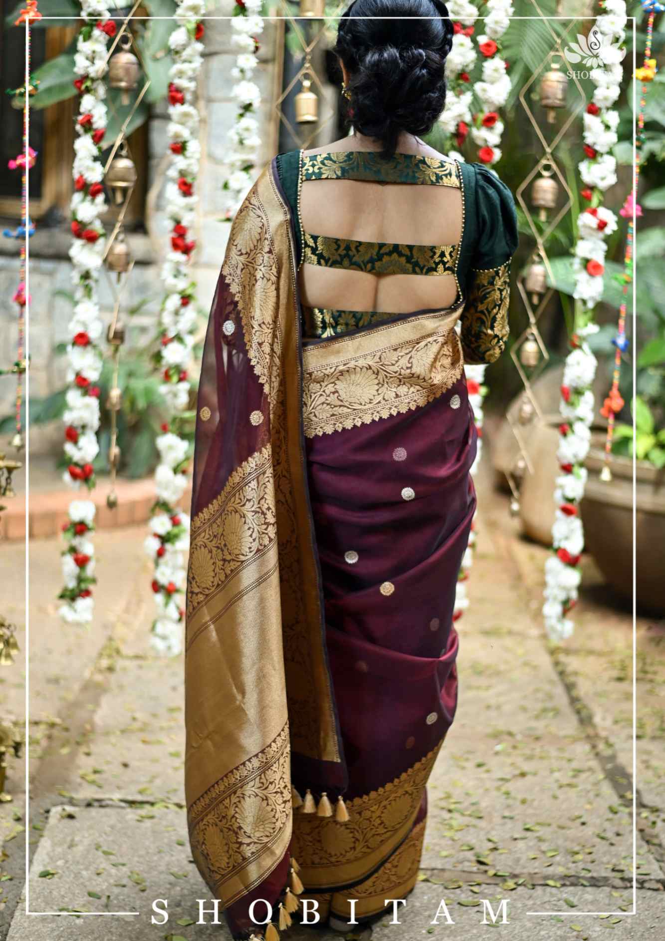 Sacramento Green Puff Sleeve Blouse with Banarasi Brocade Detailing