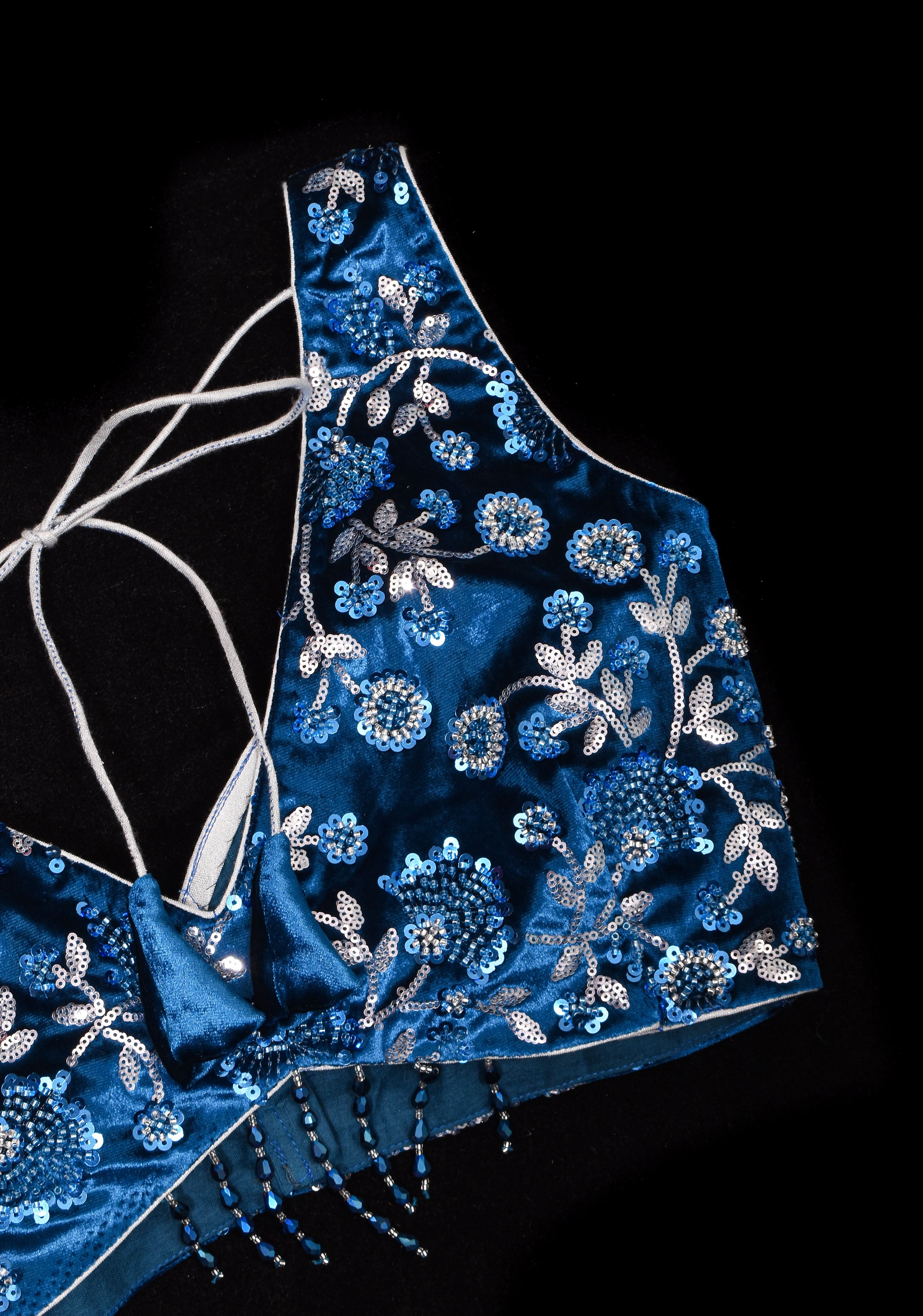 Cobalt Blue Velvet floral embroidery and  sequins sleeveless blouse with blue dangling beads at the back | Shobitam