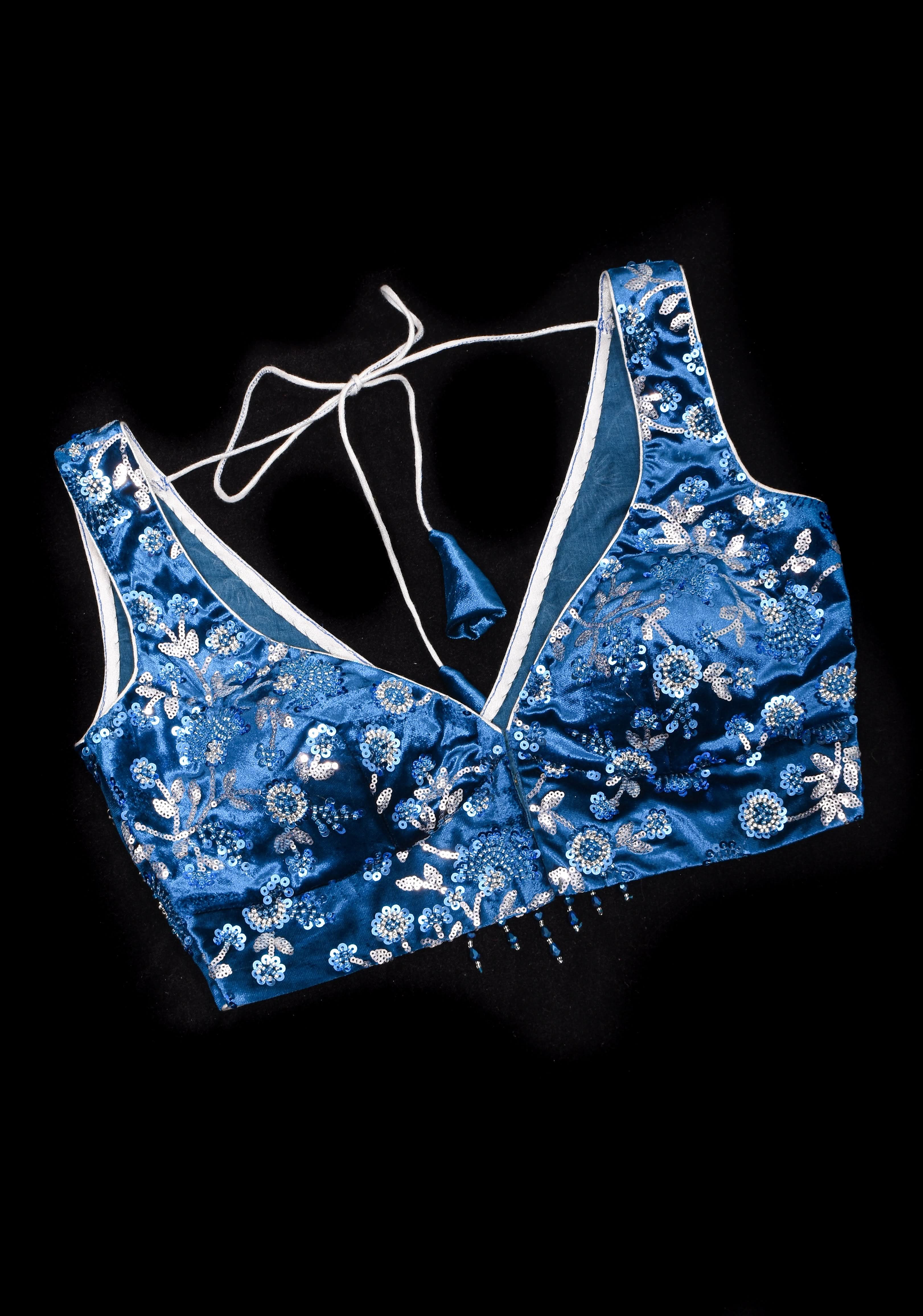 Cobalt Blue Velvet floral embroidery and  sequins sleeveless blouse with blue dangling beads at the back | Shobitam