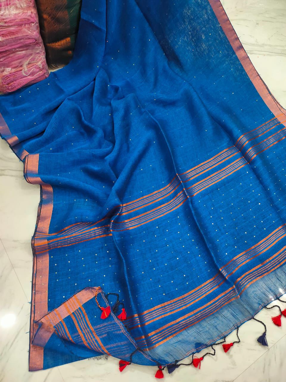 Handloom cotton linen interwoven sequins with tassels in pallu ready to wear saree