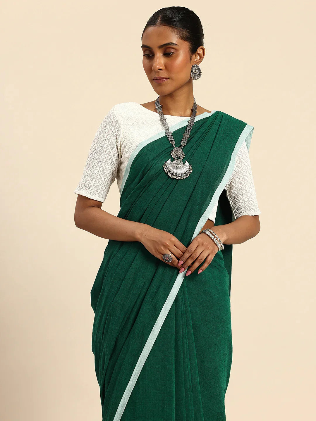 Dark Green 100% Cotton Handloom Saree with Kantha Embroidery on Ghicha Pallu and Blouse Piece