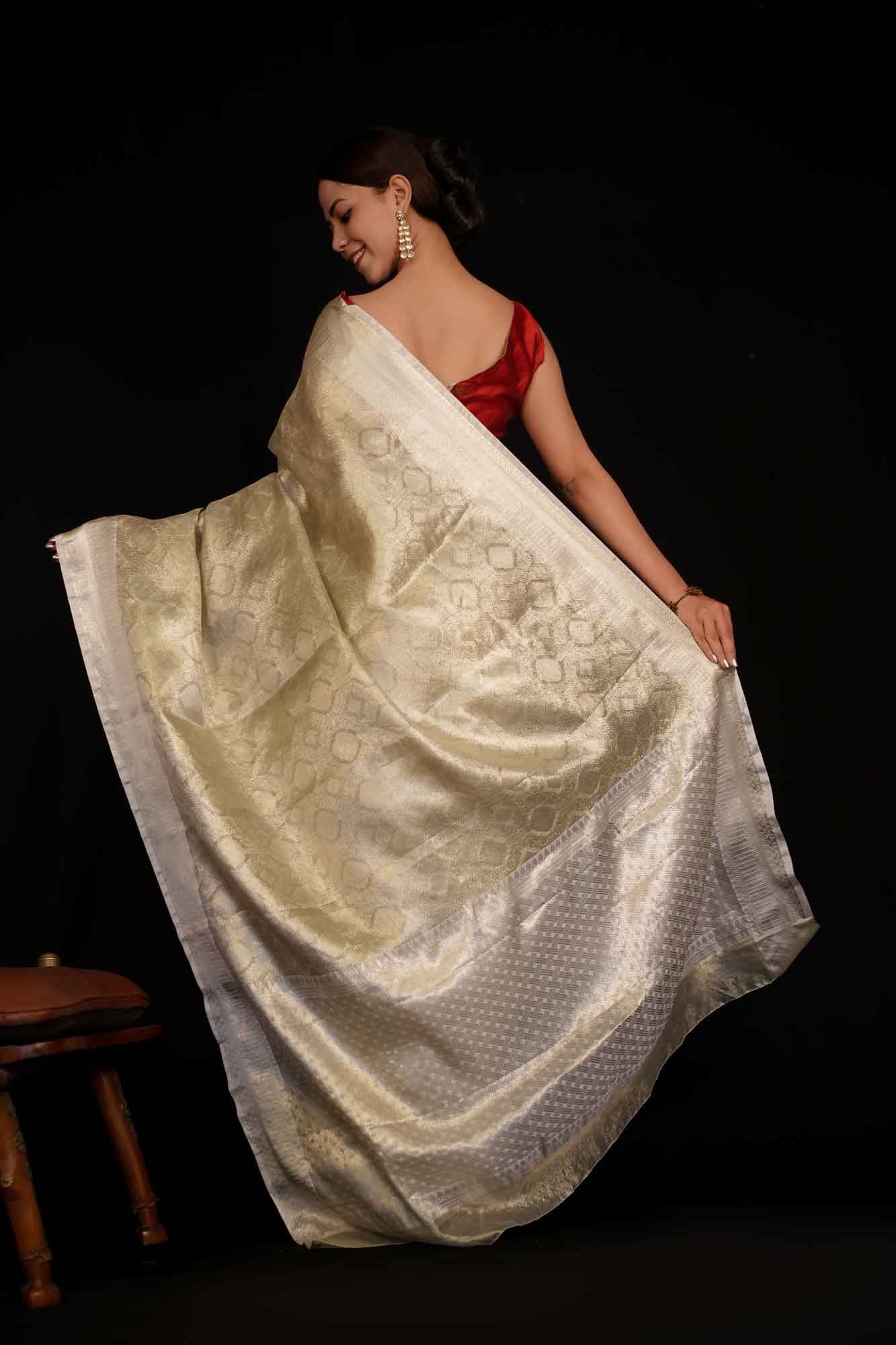 Naintaara  Inspired Off White Tissue Silk Zari Border Wrap in 1 Minute Saree