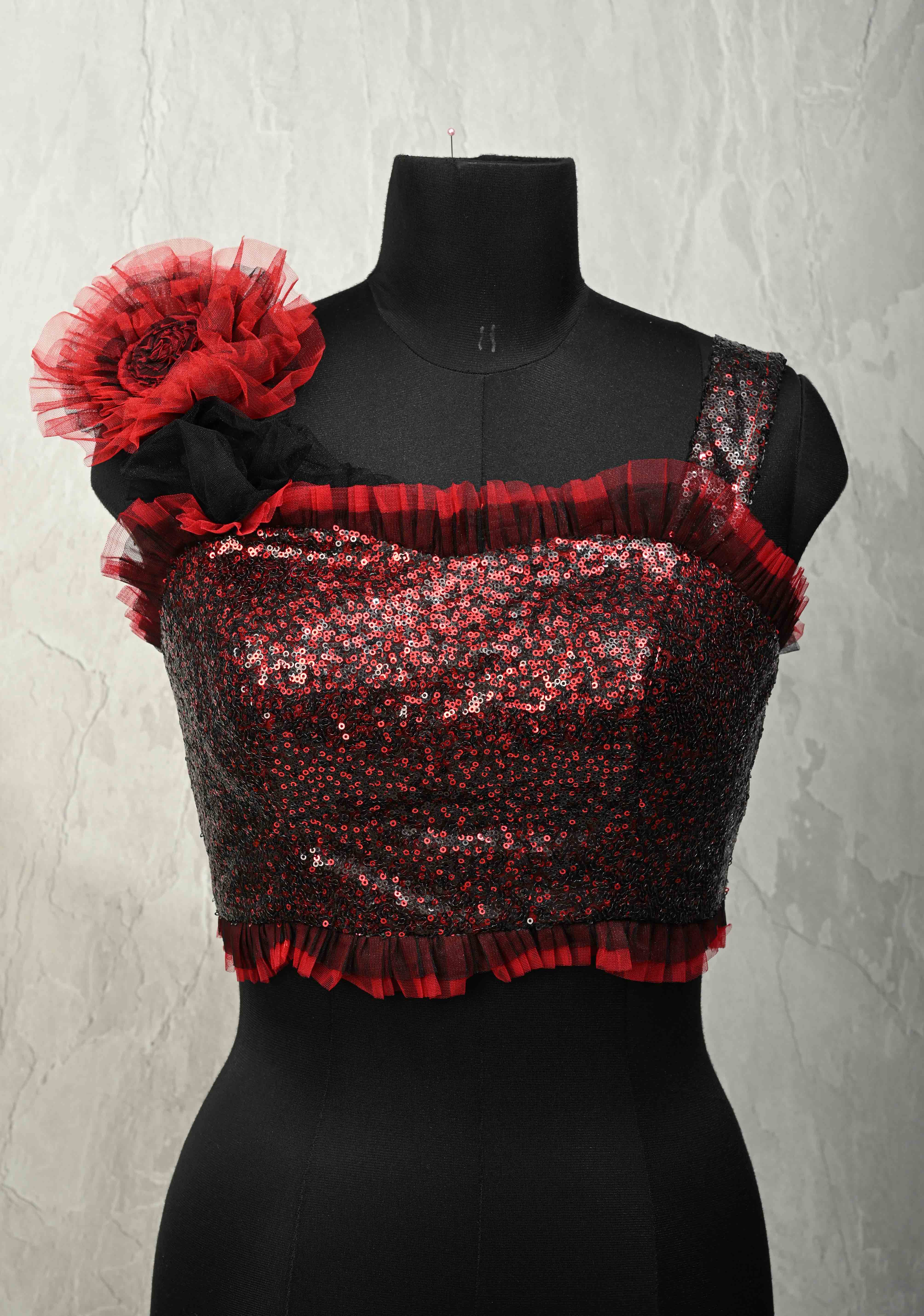 SIZE 36" Red & Black Sequin Corset Strappy Crop Top Blouse with Ruffled 3D Flower Detail and Lace-Up Back | Shobitam