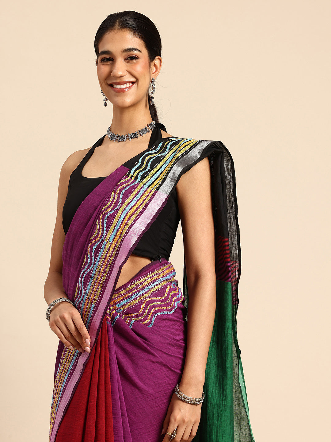 Handloom Black Magenta Colorblock Cotton Kantha Saree | SHOBITAM