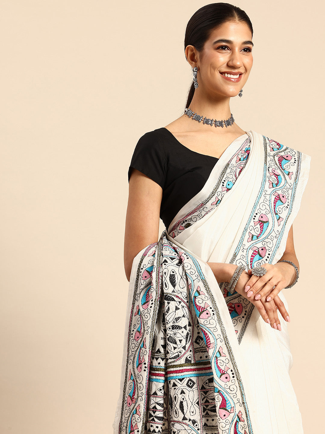 Handloom White Silk Kantha Saree with Blouse piece | SHOBITAM