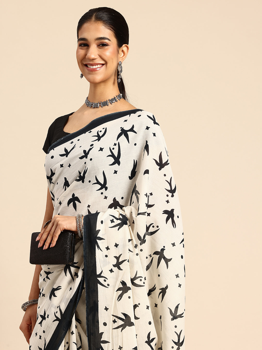 Cream Pure cotton Printed Saree with blouse piece | SHOBITAM