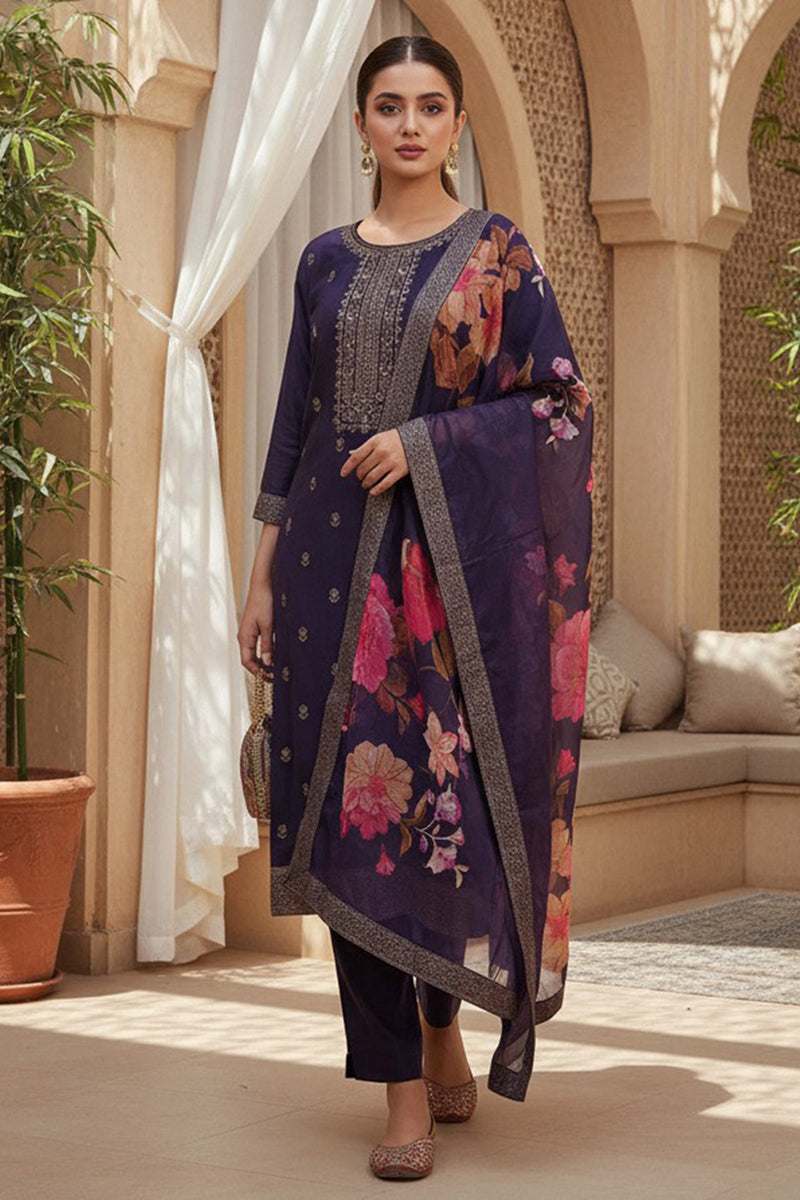 Purple Silk Blend Ethnic Motifs Stoning Straight Kurta Trouser with Dupatta | SHOBITAM