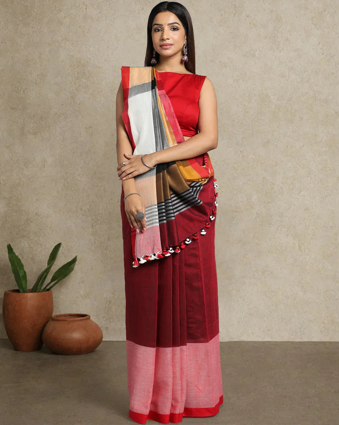 Maroon-Gray Handloom Color Block Cotton Saree
