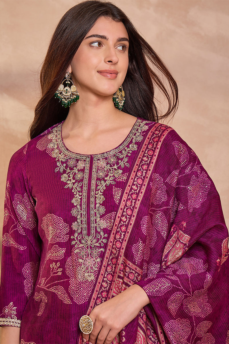 Purple Silk Blend Floral Printed Straight Kurta Trouser With Dupatta | SHOBITAM