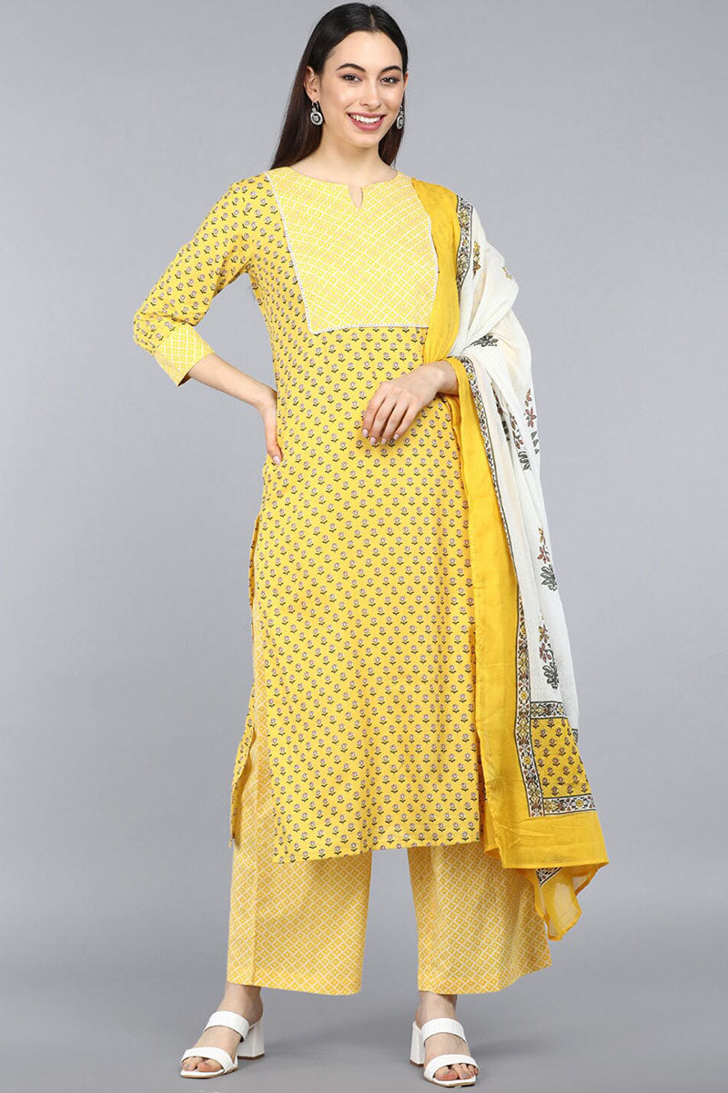 Yellow Pure Cotton Straight Kurta Pant With Dupatta | SHOBITAM
