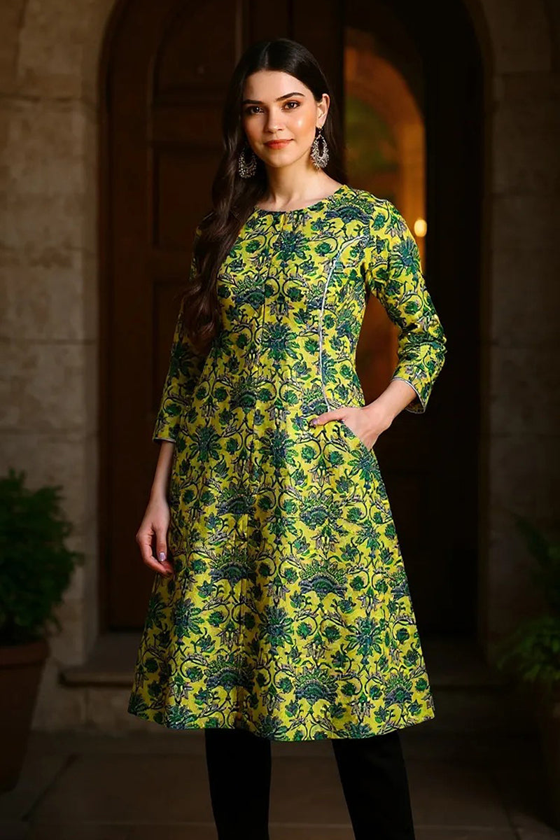 Women Cotton Printed Simple Function Wear Green Kurti  | SHOBITAM