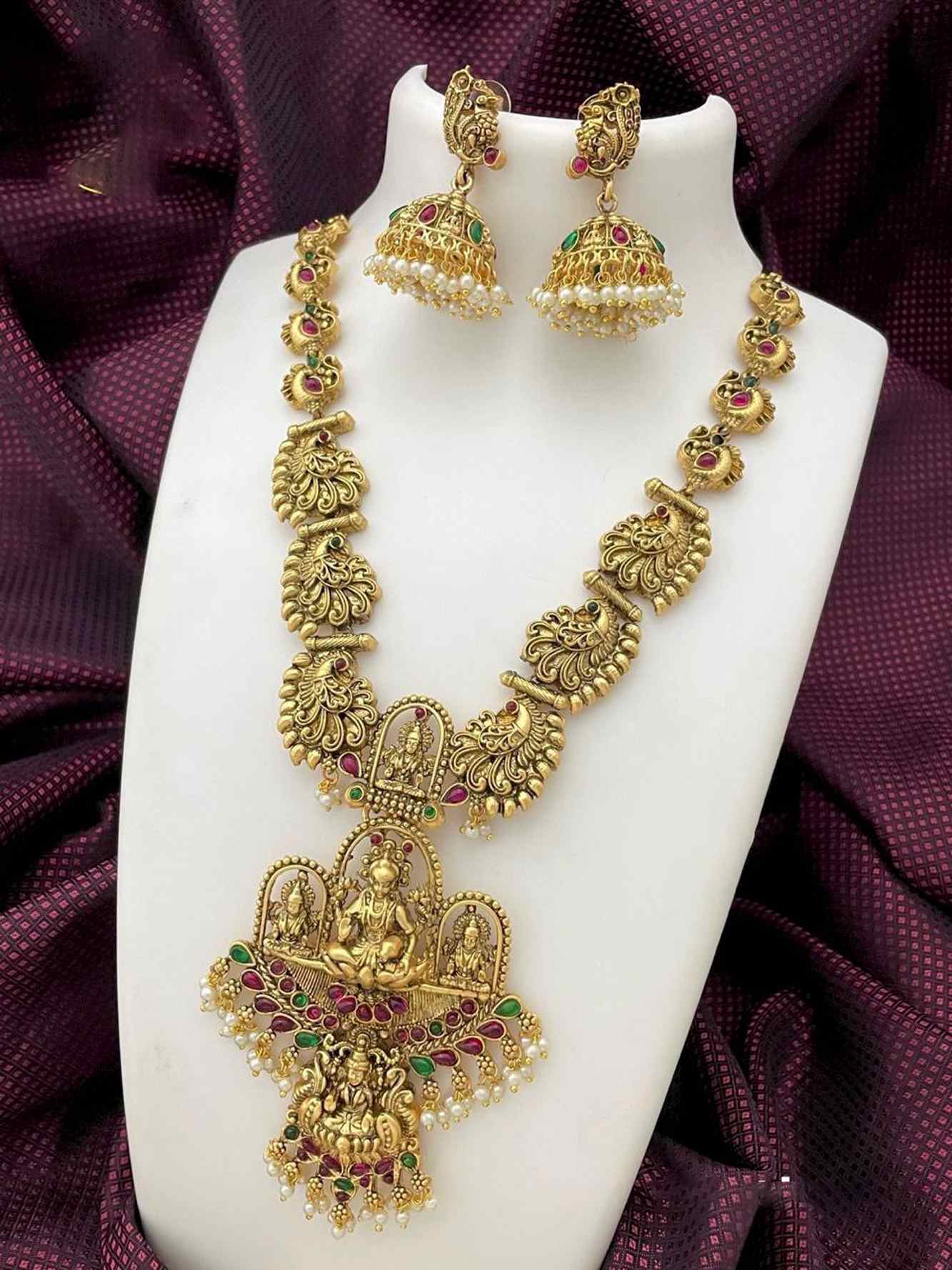 Ethnic gold plated long necklace set with traditional temple jewellery set