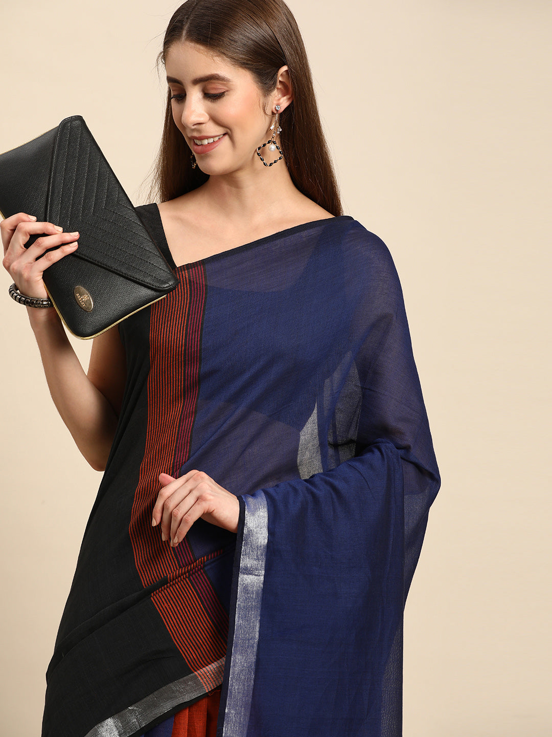 Colour block Cotton Saree with pompoms | Shobitam