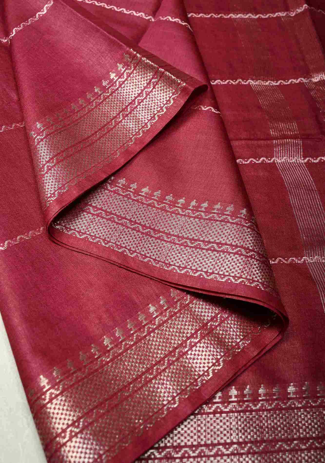 Berry Semi Tussar Saree with Veldhari Stripes and Zari Border Ready To Wear Saree