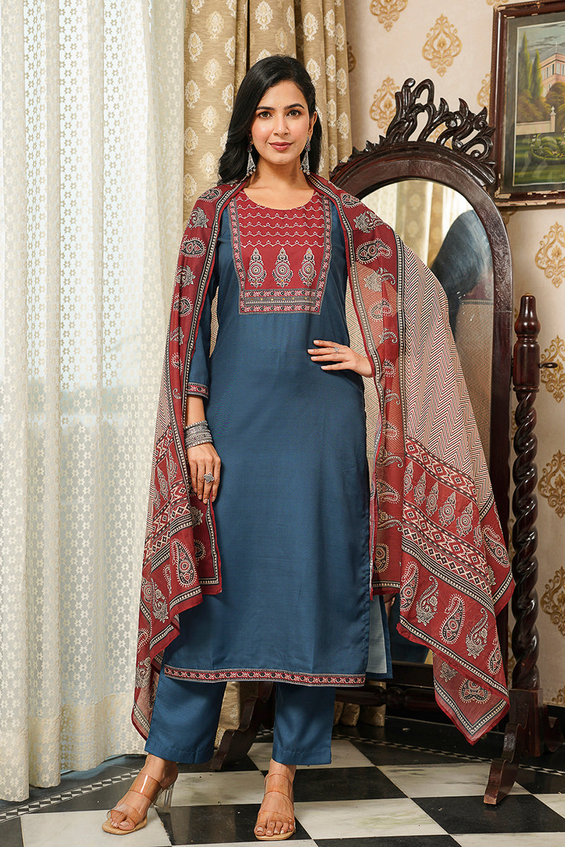 Blue Cotton Blend Ajrakh Printed Straight Kurta Trousers With Dupatta | SHOBITAM