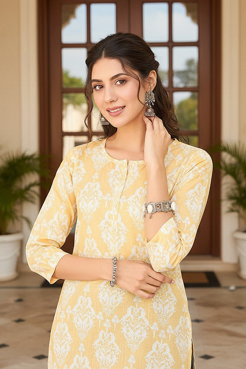 Yellow Cotton Blend Ethnic Motifs Printed Regular Top | SHOBITAM