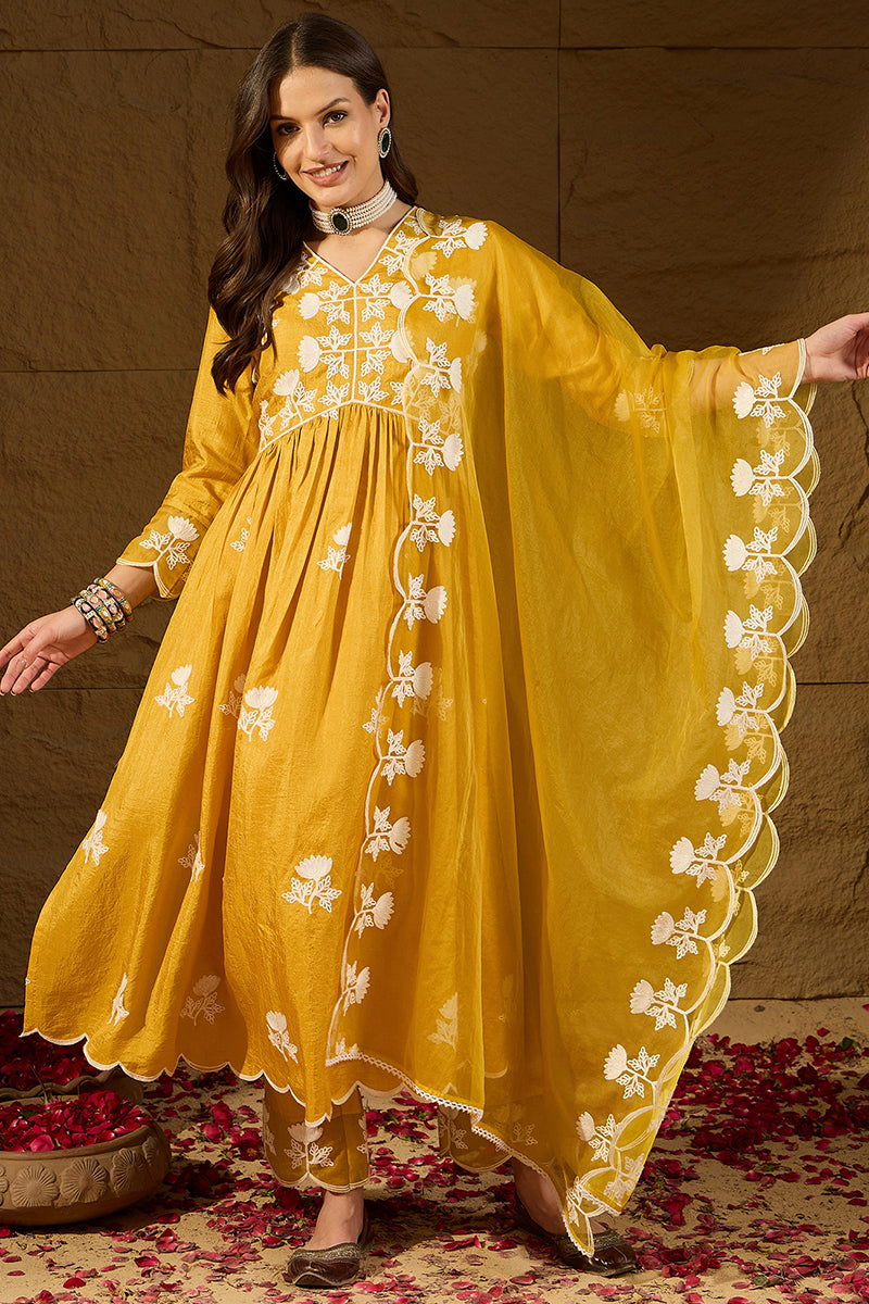 Yellow Silk Blend Solid Embroidered A-Line Kurta Trouser With Dupatta | SHOBITAM