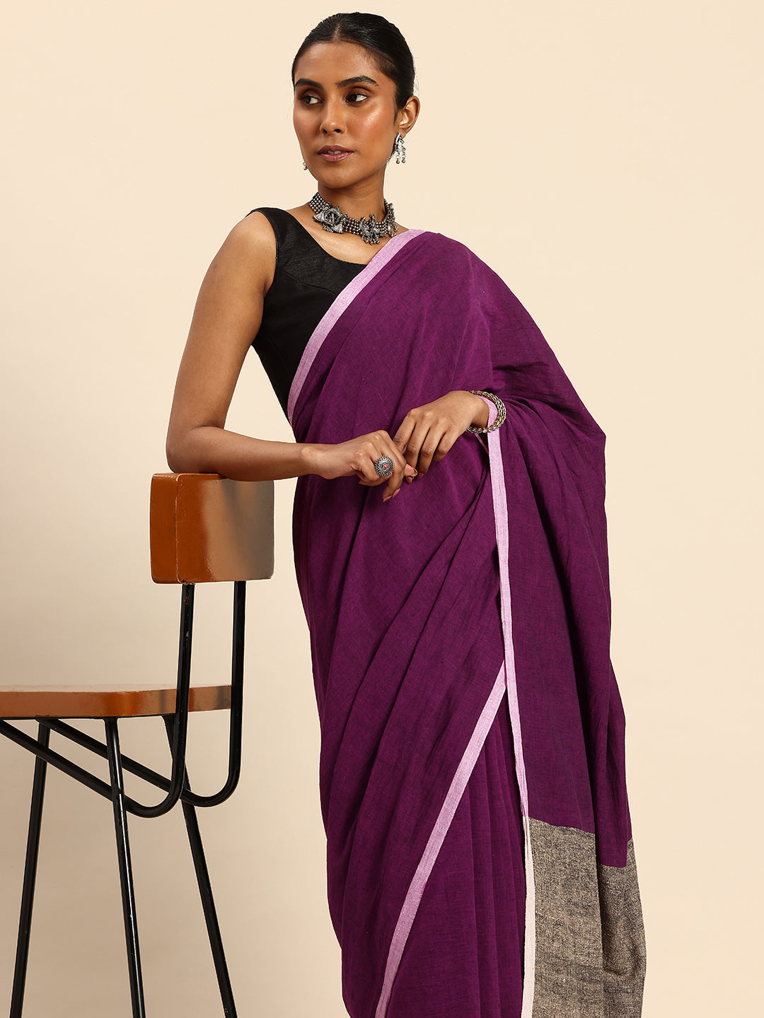 Handloom Purple Ghicha Pallu Kantha Stitch Saree with Blouse piece | SHOBITAM