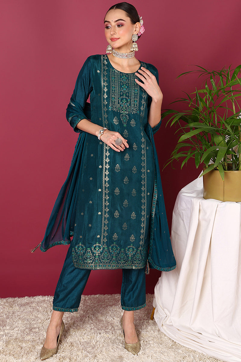 Teal Silk Blend Ethnic Motifs Woven Design Straight Suit Set | SHOBITAM